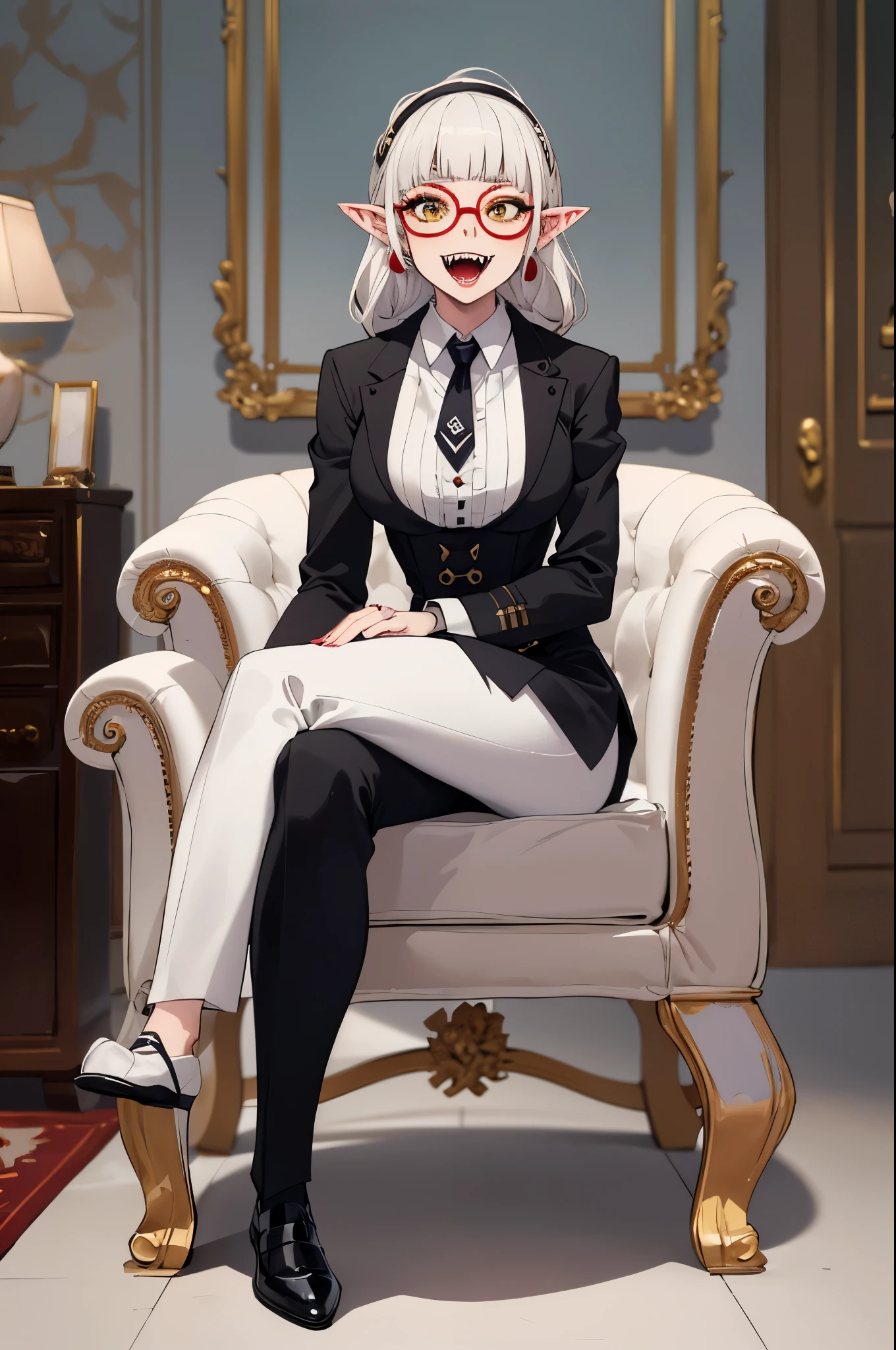 (masterpiece, absurdres, best quality:1.2), 1man, solo, 1girl, portrait, precise, (full body:1.35), finely detail, depth of field, shine, highres, original, perfect lighting, colorful, anime style, manga style, manhwa style, centered, (wearing The butler uniform:1.5), (white shirt, red tie), (black long braided hair, haircut, ring earrings, red lipstick), fantasy castle background, fantasy dungeons, vampire mistress, (pointy ears, pointy teeth, Sharp fangs, vampire teeth:1.35), blunt bangs, (breasts), (glasses, sunglasses, round tinted yellow glasses)