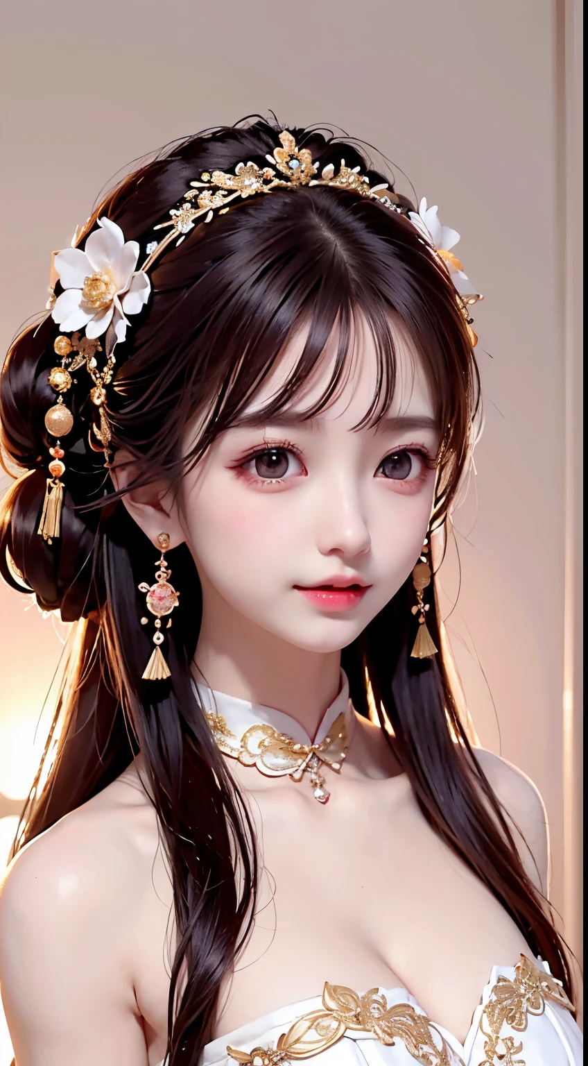 ,Ancient costumes with many phoenix motifs,Flawless white and pink face,Ornaments on the head,Black hair waist-length,very beautiful and sharp brown eyes,Small red lips,Colored lips,Enchanted smile,Jewelry worn around the neck,耳Nipple Ring,White uniform teeth,tall nose bridge,big round breasts, slenderlegs,thin mesh black socks,sportrait,most realistic,HighestQuali,best pixels,8K Ultra,high detal,8K分辨率,超高分辨率,A young girl, a cute girl,short detailed hair,hair-bun,lipsticks,Tassel earrings,choker necklace,Black clear eyes,Smooth hair,鎖骨,Delicate and perfect facial features, the most beautiful big eyes,Long eyelashes,The eyes are sweet and there are lying silkworms,dynamic angle,extreme picture quality,Highest precision,Precise and perfect human anatomy,(((Professional Dress,Slim Republic of China cheongsam,Crimson gold embroidery))),((sitted)),Warm scene,超高分辨率,Ultra-clear Chinese antique style black flowing hair with a delicate bun)By bangs,(Long flowing hair,With a bun:1.3)), open V-chested clothes royal, Wet body of thin silk fabric, Thin silk lace dress, (huge ,cleavage),, white pink, blue ,best qualtiy,tmasterpiece,超高分辨率,(真实感:1.4),RAW photogr,(True skin texture:1.3),(filmgrain:1.3),(Selfie angle),1个Giant Breast Girl,Beautiful eye and face details,tmasterpiece,Best quality at best,,The chest more exposed, detailed hair, bra pink , detail 8k, upper body,,Delicate collarbones,beautiful make up,Exquisite and perfect facial features,,Big watery eyes,Lying silkworm,Long eyelashes,The eyes are sweet and have eye shadow,Slim waist,Do not show your hands,,lipsticks,Blushlush,Delicate earring earrings