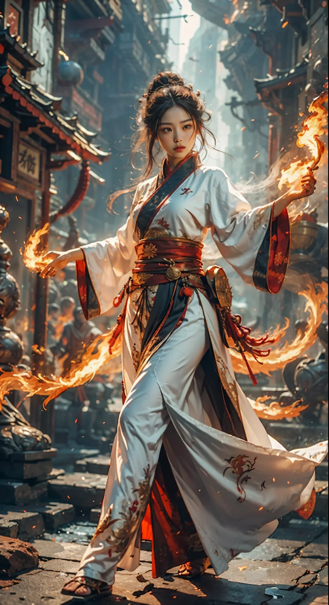 1girll,Beautiful, Chinese girl, Solo, Flame mage dressed in fiery blue(Chinese Hanfu), Slender,The robe was embroidered with intricate runes and ornamentudes a burning breath, She was tall and strong,Hands up,Powerful fire spells are being unleashed, Her eyes were firm and sharp,A flash of fire flashed in her eyeehind the Flame Mage,(A huge flame phoenix spread its wings and flew:1.2),(The feathers of the phoenix burned with roaring flames),It shines brightly,Its body is surrounded by flamelame feathers danced,Form a spectacular flaming six-pointed star array pattern,Full of mysterious magic,The whole scene is full of fiery aura and passion for fighting,Large areas of flame spells bloomed in the air,A brilliant arc of flame and flying sparks formed,(Flame Mage and Phoenix),It appears majestic and mysterious in the midst of raging fires,Like the embodiment of fire and magic,red hair,high detal,ultra-realistic realism,Verism,((Bust photo)),(real photograph:1.4),(lightand shade contrast),cinmatic lighting,Realistic special effects,rendering by octane,Ray traching,in a panoramic view,angle of view,textureskin,super detailing,hyper HD,tmasterpiece,anatomy correct,best qualtiy,A high resolution,8K