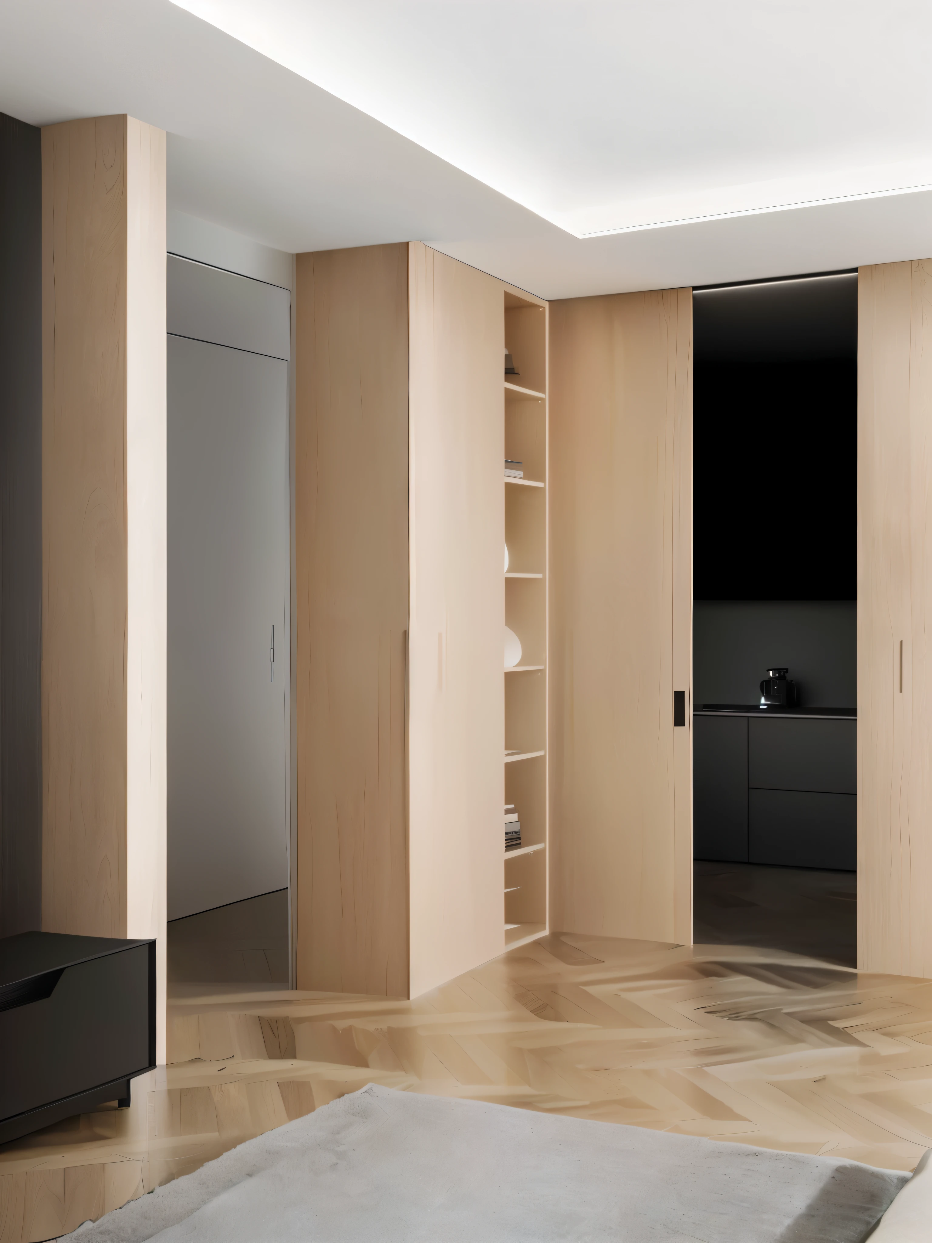 There is a room with a bed, a television, and a cabinet, present in corona, detailed architectural visualization render, elegant wardrobe, cupboard, Inspired by David Chipperfield, Rendered in Unreal Engine 6, Apartment with black walls, minimal kitchen, cupboard, EUR, Award-winning rendering, architectural visualization, minimally modern, Bardeen rendering