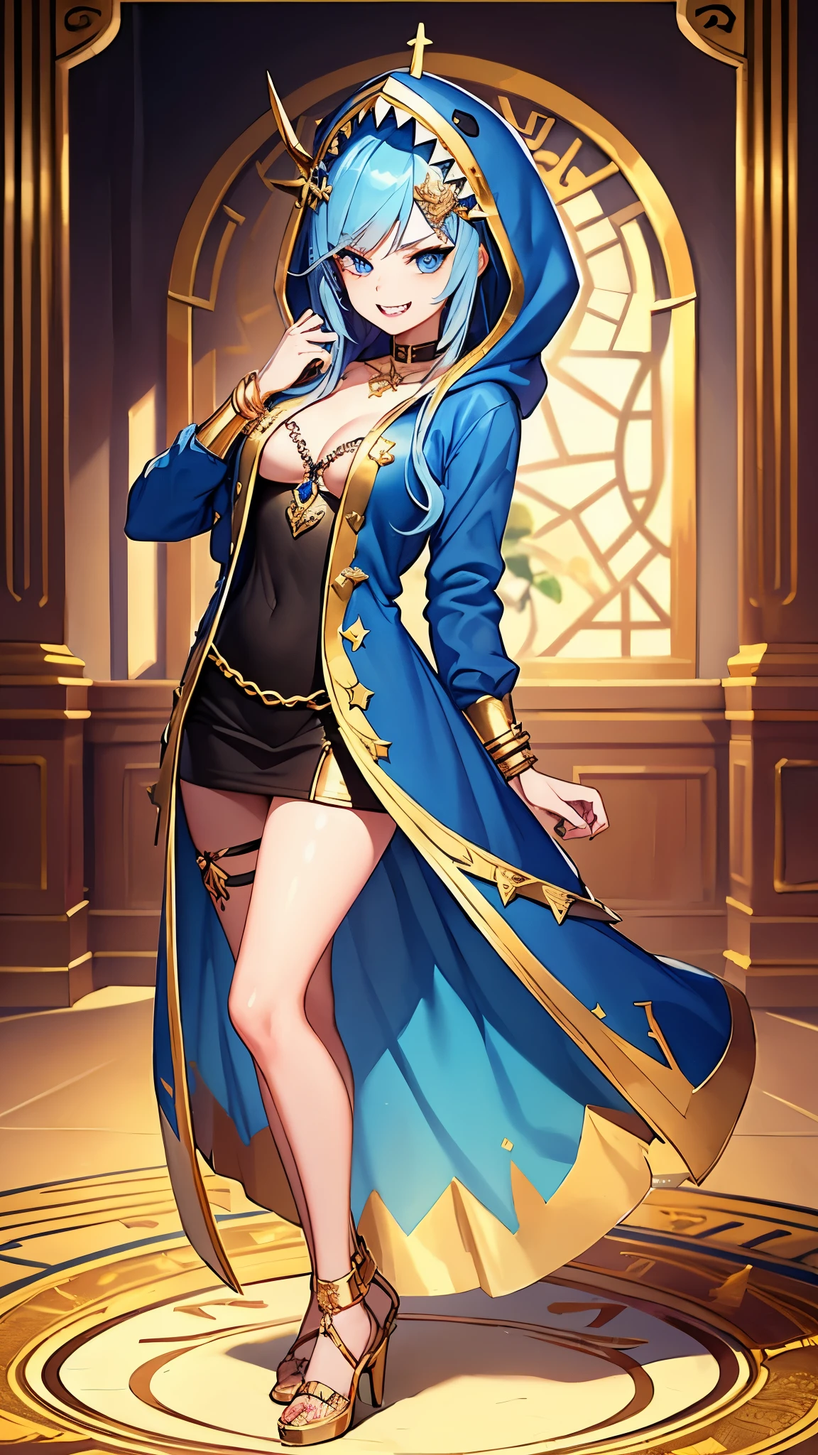 (masterpiece, highest quality), intricate details,, 1 girl, mouth, colorful hair, blue eyes, shark hair ornament, Gold Hair Ornament, Gold Choker, gold bracelet, sharp teeth, grin and laugh, Blue hoodie,, greek clothing, full body photo, Front facing, upright, slender