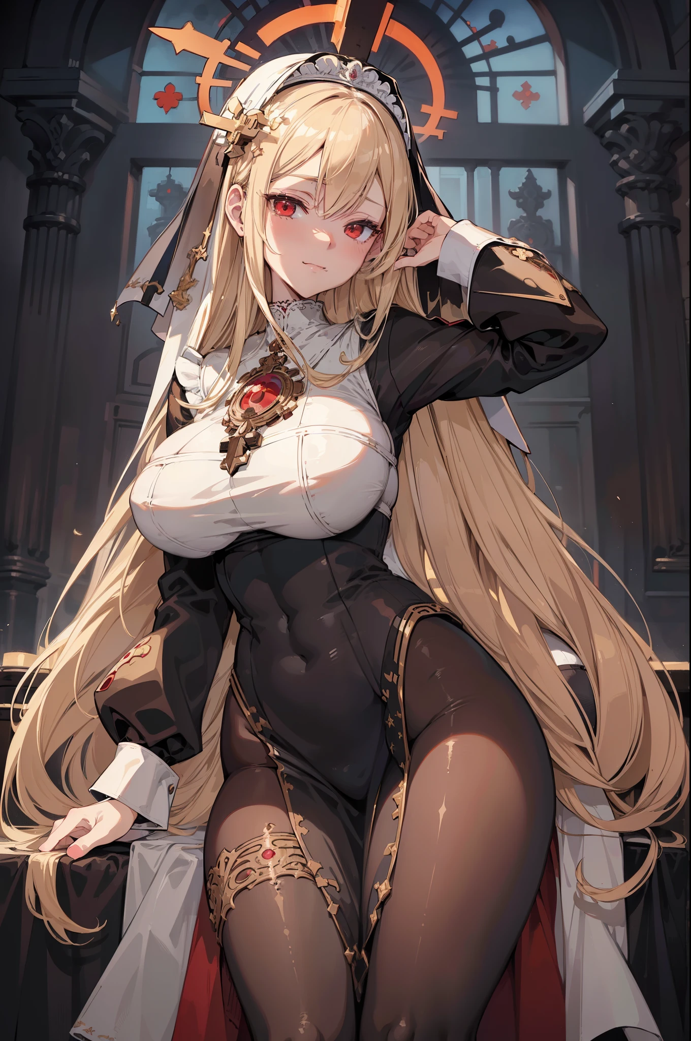 (best quality:1.3), (masterpiece:1.3), (illustration:1.3), (ultra-detailed:1.3), (mid shot:0.9), 1girl, long hair, blonde hair, bangs, hair between eyes, large breasts, red eyes, blush, nun, halo, standing, tall, seductive, seductive smirk, habit, pantyhose,