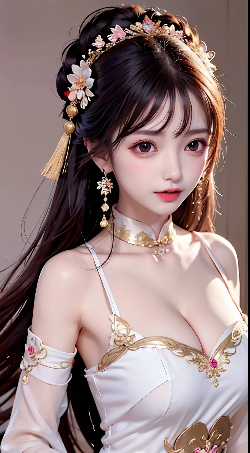 girl 14 yeard old,Ancient costumes with many phoenix motifs,Flawless white and pink face,Ornaments on the head,Black hair waist-length,very beautiful and sharp brown eyes,Small red lips,Colored lips,Enchanted smile,Jewelry worn around the neck,耳Nipple Ring,White uniform teeth,tall nose bridge,big round breasts, slenderlegs,thin mesh black socks,sportrait,most realistic,HighestQuali,best pixels,8K Ultra,high detal,8K分辨率,超高分辨率,A young girl, a cute girl,short detailed hair,hair-bun,lipsticks,Tassel earrings,choker necklace,Black clear eyes,Smooth hair,鎖骨,Delicate and perfect facial features, the most beautiful big eyes,Long eyelashes,The eyes are sweet and there are lying silkworms,dynamic angle,extreme picture quality,Highest precision,Precise and perfect human anatomy,(((Professional Dress,Slim Republic of China cheongsam,Crimson gold embroidery))),((sitted)),Warm scene,超高分辨率,Ultra-clear Chinese antique style black flowing hair with a delicate bun)By bangs,(Long flowing hair,With a bun:1.3)), open V-chested clothes royal, Wet body of thin silk fabric, Thin silk lace dress, (huge ,cleavage),, white pink, blue ,best qualtiy,tmasterpiece,超高分辨率,(真实感:1.4),RAW photogr,(True skin texture:1.3),(filmgrain:1.3),(Selfie angle),1个Giant Breast Girl,Beautiful eye and face details,tmasterpiece,Best quality at best,,The chest more exposed, detailed hair, bra pink , detail 8k, upper body,,Delicate collarbones,beautiful make up,Exquisite and perfect facial features,,Big watery eyes,Lying silkworm,Long eyelashes,The eyes are sweet and have eye shadow,Slim waist,Do not show your hands,,lipsticks,Blushlush,Delicate earring earrings
