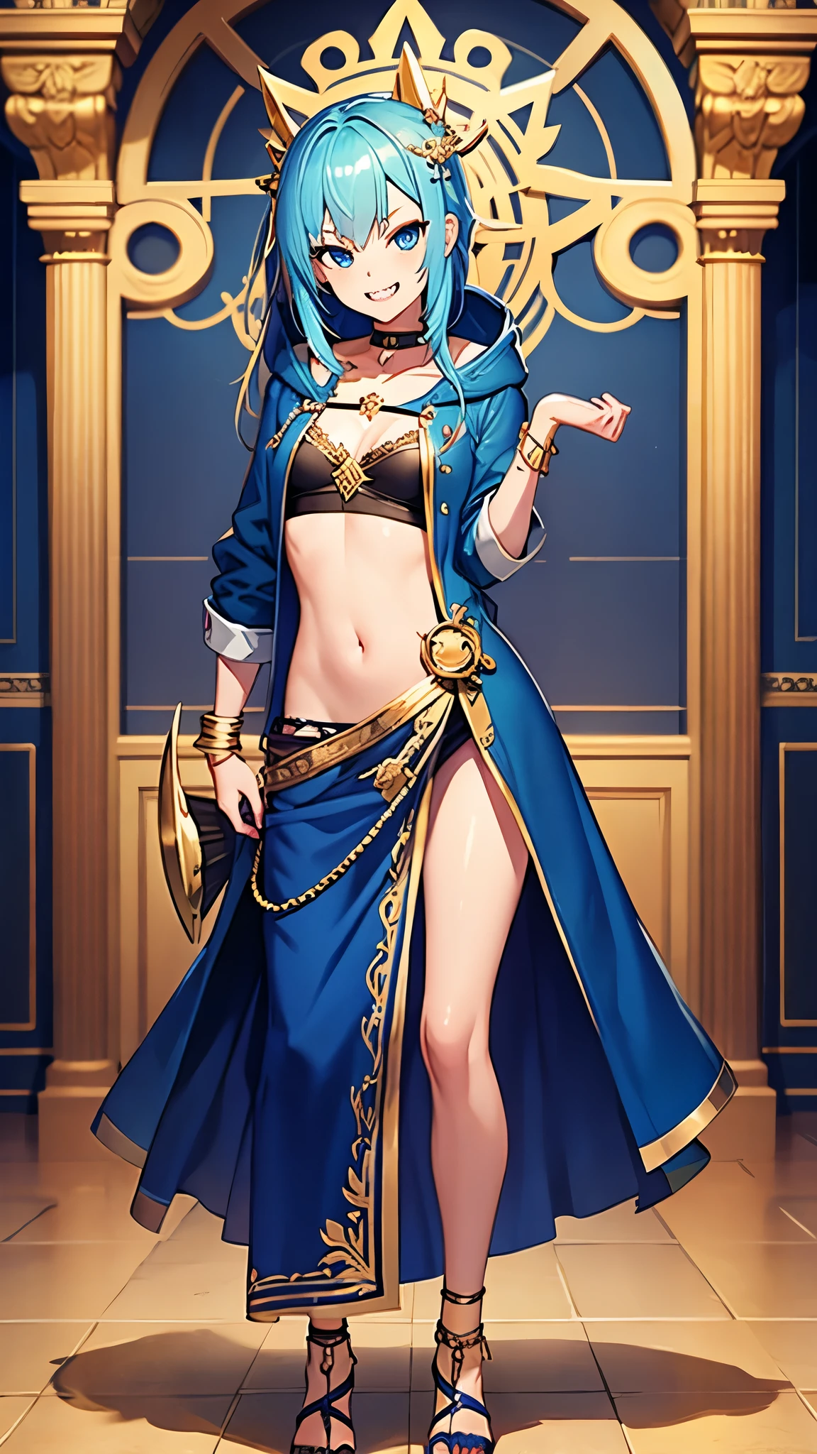 (masterpiece, highest quality), intricate details,, 1 girl, mouth, colorful hair, blue eyes, shark hair ornament, Gold Hair Ornament, Gold Choker, gold bracelet, sharp teeth, grin and laugh, Blue hoodie,, greek clothing, full body photo, Front facing, upright, slender, Slender, Flat