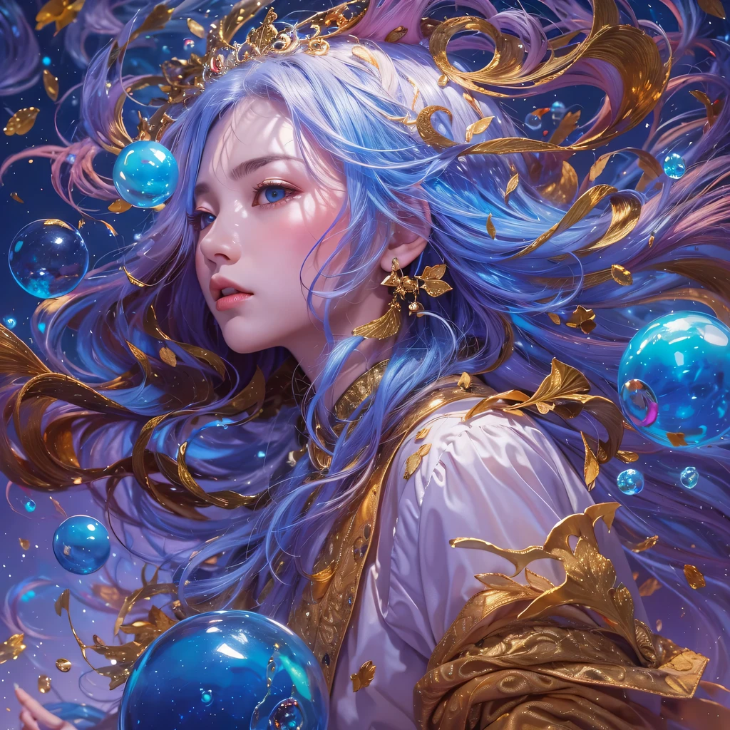 blue,blue,enamel,agate,A flesh-colored world,Blood Blue Maiden 32k(masterpiece,HD,Aoyama Pond,超HD,32k)长长的飘逸亮blue头发,blood pool,Ziddink, a color,grumpy (After greeting), (Linen scarf), fighting stance, looking at the ground, long white hair, 漂浮的亮blue, Fire cloud gold headdress, Chinese long-sleeved gold silk burgundy garment, (Abstract metaverse splash:1.2), White background,Peony flower vitality protector(realistically:1.4),bright purple hair,Smoke on the road,The background is very pure, high resolution, detail, RAW photos, Sharp Re, Nikon D850 film photo by Jefferies Lee 4 Kodak Portra 400 camera F1.6 guns, colorful, Ultra-realistic and vivid textures, dramatic lighting, Unreal Engine Art Station Trend, Sinest 800,一个有着长长的飘逸亮blue头发的女孩,huge colorful bubbles