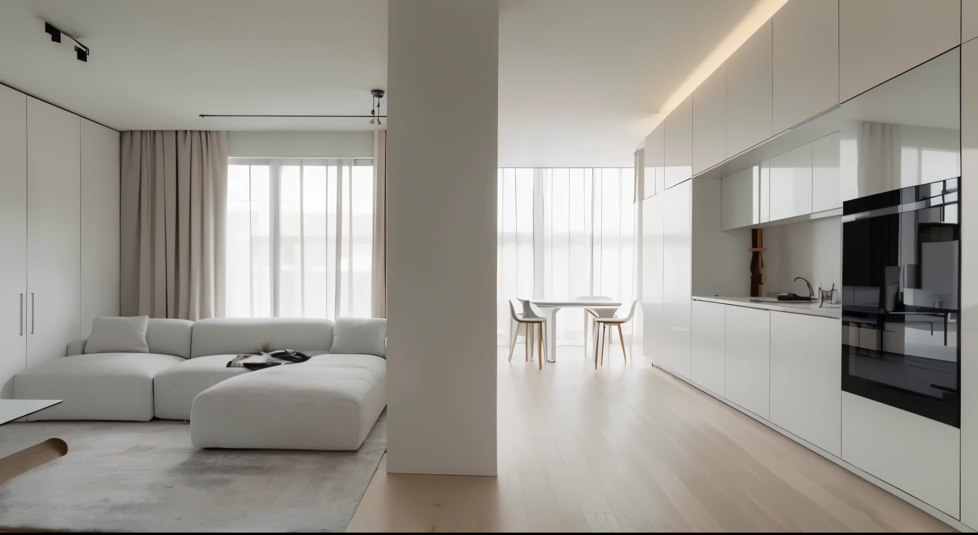 Living room alpha view with sofa and table, All white rendering, maximalist interior design, White simple building, Inside modern apartment, detailed architectural visualization render, Modern minimalist f 2 0 clean, architectural visualization, Award-winning rendering, city apartment, Volumetric interior lighting, Soft natural volume lighting, natural light in room, apartment design