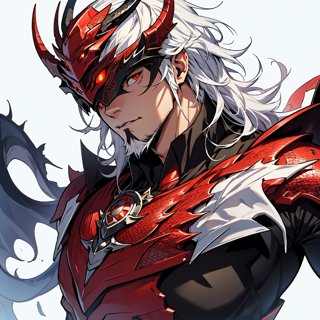 anime, masterpiece, best quality, by professional artist, male, 1man, solo, upper body , detailed composition, detailed eyes, white background, black dragon knight wearing a helmet covering his head and face, demon, dragon scales, muscular, masculine, beard, white hair, red eyes