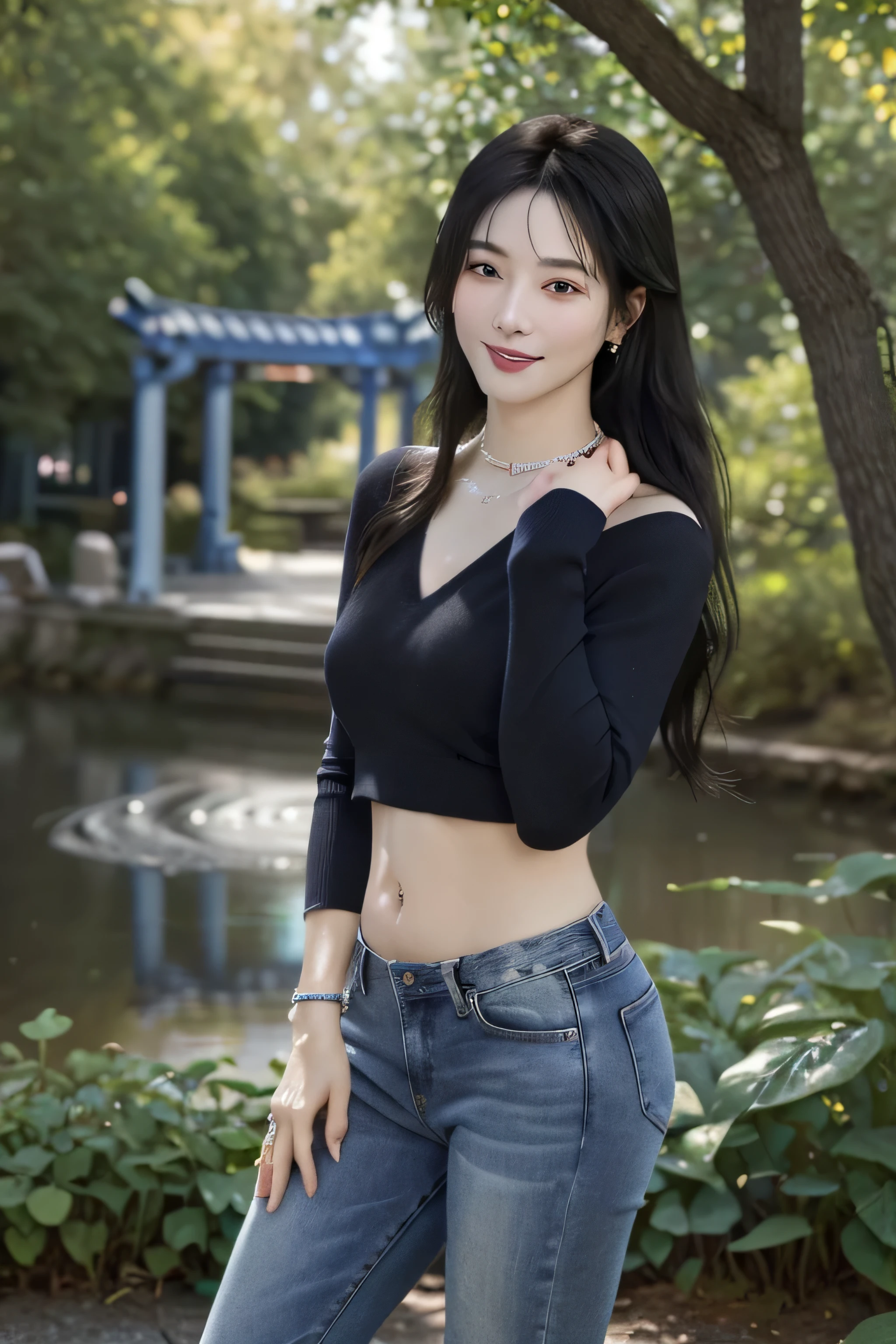 (dark blue theme,),in a spring,(nature:1.9),1 girl,whole body,black hair,very long hair,grinning,navel,crowd,(Shanghai background),dynamic angle,dynamic poses,outdoor,高color saturation,color saturation,(jewelry:1.9),putting on jewelry, warm light,warm light, Ray tracing,Cinema lighting,(original photo:1.2), (lifelike:1.4), ridiculous, incredibly ridiculous, File size is large , super detailed, high resolution, Very detailed,best quality ,masterpiece, illustration, extremely delicate and beautiful, Very detailed ,CG ,unity ,8k wallpaper, amazing, Exquisite details, masterpiece,best quality, pure face_v1,ulzzang-6500-v1.1, jeans,Black V-neck sweater