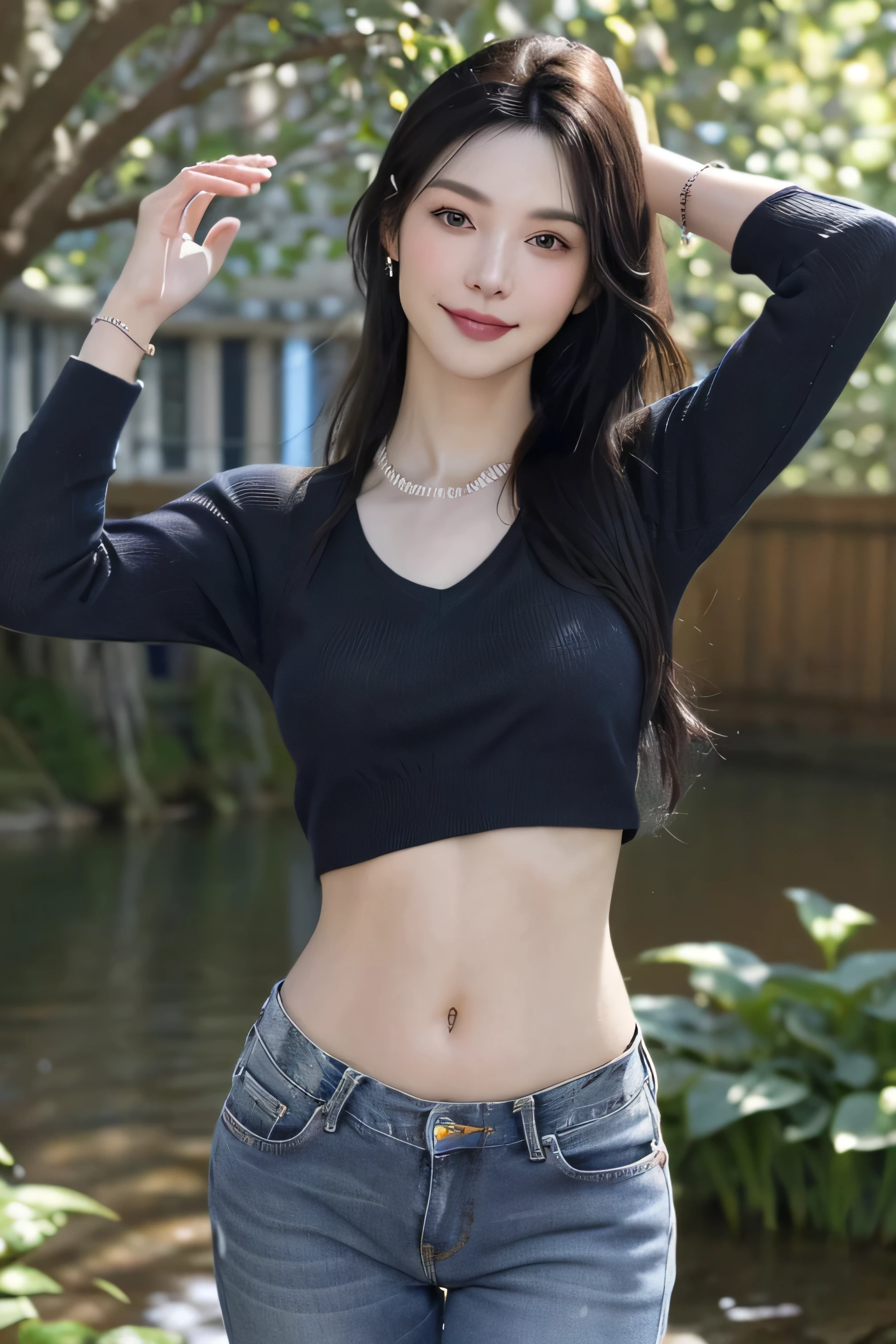 (dark blue theme,),in a spring,(nature:1.9),1 girl,whole body,black hair,very long hair,grinning,navel,crowd,(Shanghai background),dynamic angle,dynamic poses,outdoor,高color saturation,color saturation,(jewelry:1.9),putting on jewelry, warm light,warm light, Ray tracing,Cinema lighting,(original photo:1.2), (lifelike:1.4), ridiculous, incredibly ridiculous, File size is large , super detailed, high resolution, Very detailed,best quality ,masterpiece, illustration, extremely delicate and beautiful, Very detailed ,CG ,unity ,8k wallpaper, amazing, Exquisite details, masterpiece,best quality, pure face_v1,ulzzang-6500-v1.1, jeans，Black V-neck sweater