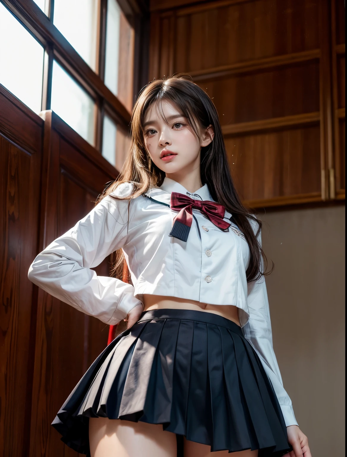 (((Open the crotch and shoot from below)))、(Crotch enlargement:1.5)(Crotch emphasis close-up)、(open crotch shot)、3)、(Lace panties can be seen under the skirt)、(Large Majora Meat Wall:1.5)、ulzzang -6500-v1.1、(Raw photo:1.2)、(realistic:1.4)、detailed beautiful girl、very detailedな目と顔、super detailed private parts、High resolution、very detailed、highest quality、Kemonomimi、(((JK uniform))、wonderful、fine details、highest quality、very detailedなティッカー制服8K壁紙、light on face、cinematic lighting、、