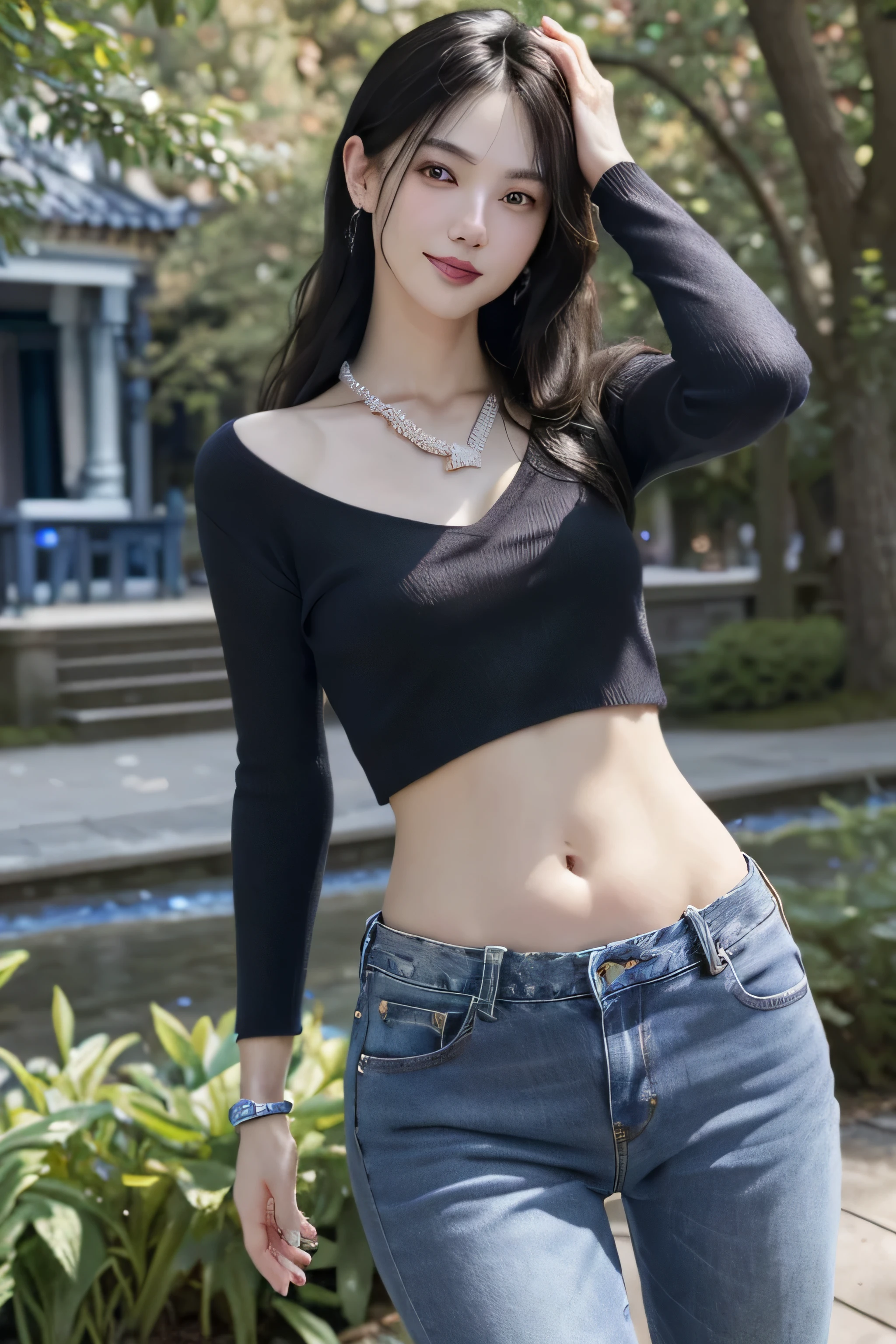 (dark blue theme,),in a spring,(nature:1.9),1 girl,whole body,black hair,very long hair,grinning,navel,crowd,(Shanghai background),dynamic angle,dynamic poses,outdoor,高color saturation,color saturation,(jewelry:1.9),putting on jewelry, warm light,warm light, Ray tracing,Cinema lighting,(original photo:1.2), (lifelike:1.4), ridiculous, incredibly ridiculous, File size is large , super detailed, high resolution, Very detailed,best quality ,masterpiece, illustration, extremely delicate and beautiful, Very detailed ,CG ,unity ,8k wallpaper, amazing, Exquisite details, masterpiece,best quality, pure face_v1,ulzzang-6500-v1.1, jeans,Black V-neck sweater