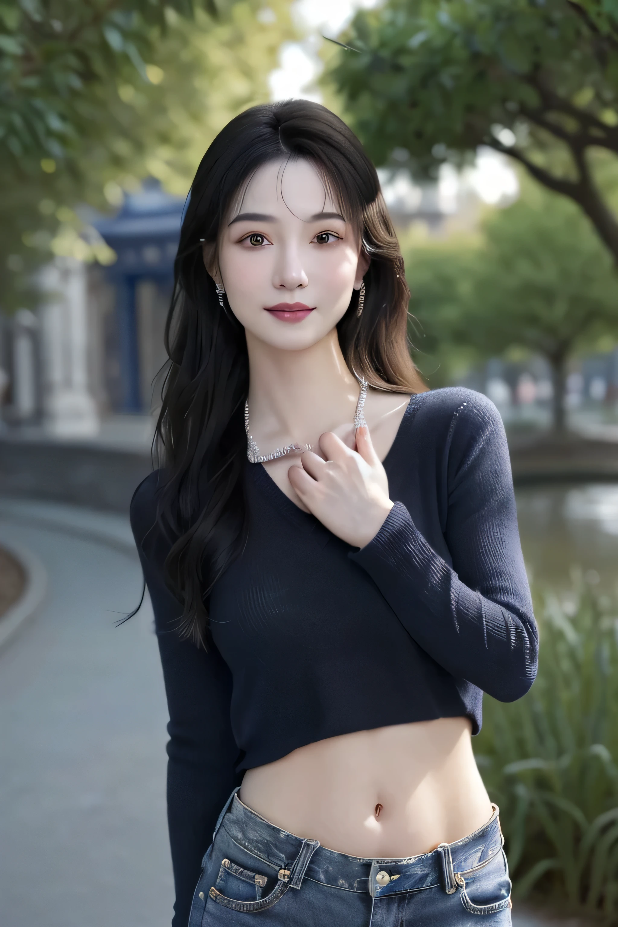 (dark blue theme,),in a spring,(nature:1.9),1 girl,whole body,black hair,very long hair,grinning,navel,crowd,(Shanghai background),dynamic angle,dynamic poses,outdoor,高color saturation,color saturation,(jewelry:1.9),putting on jewelry, warm light,warm light, Ray tracing,Cinema lighting,(original photo:1.2), (lifelike:1.4), ridiculous, incredibly ridiculous, File size is large , super detailed, high resolution, Very detailed,best quality ,masterpiece, illustration, extremely delicate and beautiful, Very detailed ,CG ,unity ,8k wallpaper, amazing, Exquisite details, masterpiece,best quality, pure face_v1,ulzzang-6500-v1.1, jeans,Black V-neck sweater
