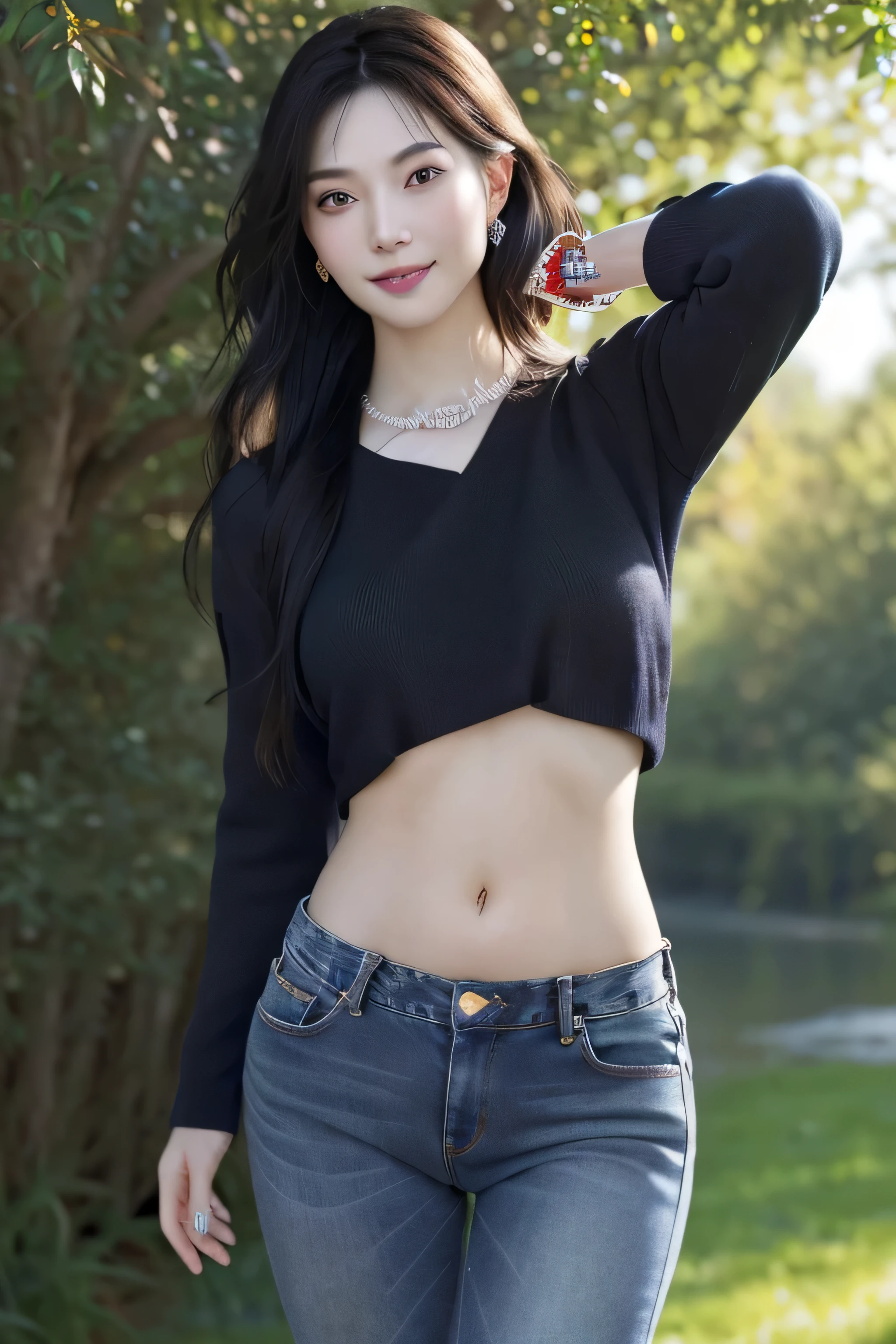 (dark blue theme,),in a spring,(nature:1.9),1 girl,whole body,black hair,very long hair,grinning,navel,crowd,(Shanghai background),dynamic angle,dynamic poses,outdoor,高color saturation,color saturation,(jewelry:1.9),putting on jewelry, warm light,warm light, Ray tracing,Cinema lighting,(original photo:1.2), (lifelike:1.4), ridiculous, incredibly ridiculous, File size is large , super detailed, high resolution, Very detailed,best quality ,masterpiece, illustration, extremely delicate and beautiful, Very detailed ,CG ,unity ,8k wallpaper, amazing, Exquisite details, masterpiece,best quality, pure face_v1,ulzzang-6500-v1.1, jeans,Black Sweater