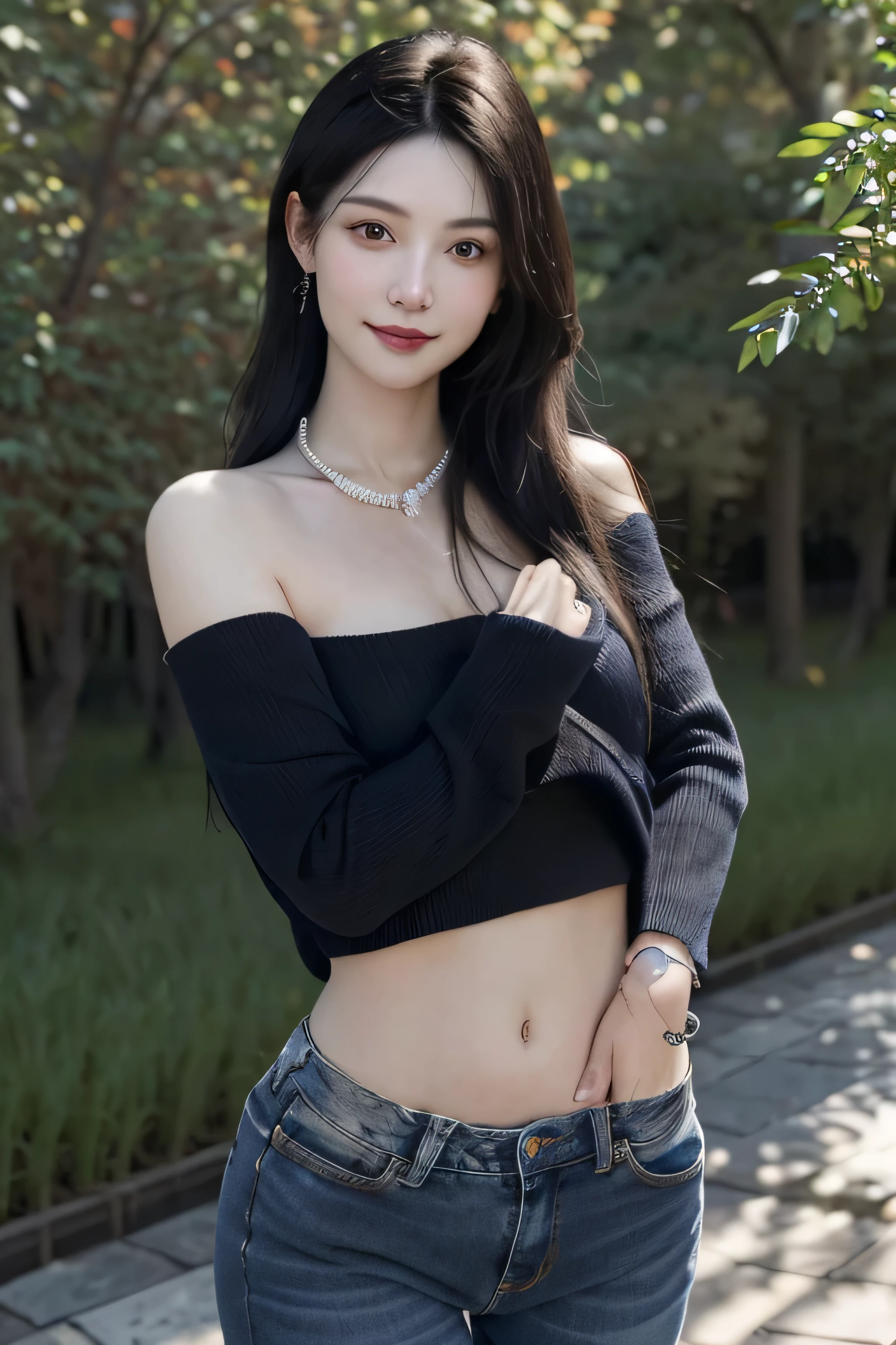 (dark blue theme,),in a spring,(nature:1.9),1 girl,whole body,black hair,very long hair,grinning,navel,crowd,(Shanghai background),dynamic angle,dynamic poses,outdoor,高color saturation,color saturation,(jewelry:1.9),putting on jewelry, warm light,warm light, Ray tracing,Cinema lighting,(original photo:1.2), (lifelike:1.4), ridiculous, incredibly ridiculous, File size is large , super detailed, high resolution, Very detailed,best quality ,masterpiece, illustration, extremely delicate and beautiful, Very detailed ,CG ,unity ,8k wallpaper, amazing, Exquisite details, masterpiece,best quality, pure face_v1,ulzzang-6500-v1.1, jeans,Black Sweater