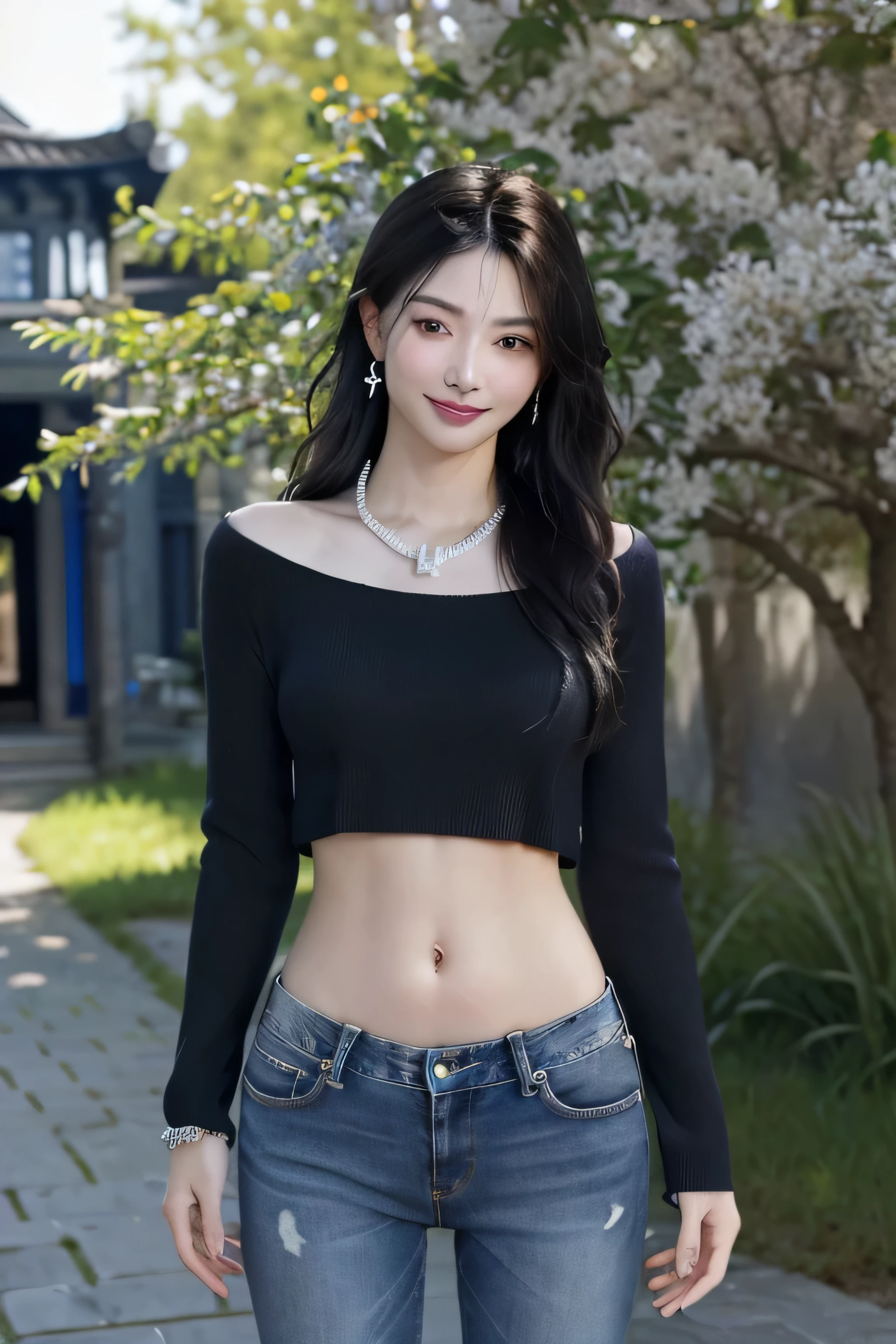 (dark blue theme,),in a spring,(nature:1.9),1 girl,whole body,black hair,very long hair,grinning,navel,crowd,(Shanghai background),dynamic angle,dynamic poses,outdoor,高color saturation,color saturation,(jewelry:1.9),putting on jewelry, warm light,warm light, Ray tracing,Cinema lighting,(original photo:1.2), (lifelike:1.4), ridiculous, incredibly ridiculous, File size is large , super detailed, high resolution, Very detailed,best quality ,masterpiece, illustration, extremely delicate and beautiful, Very detailed ,CG ,unity ,8k wallpaper, amazing, Exquisite details, masterpiece,best quality, pure face_v1,ulzzang-6500-v1.1, jeans,Black Sweater