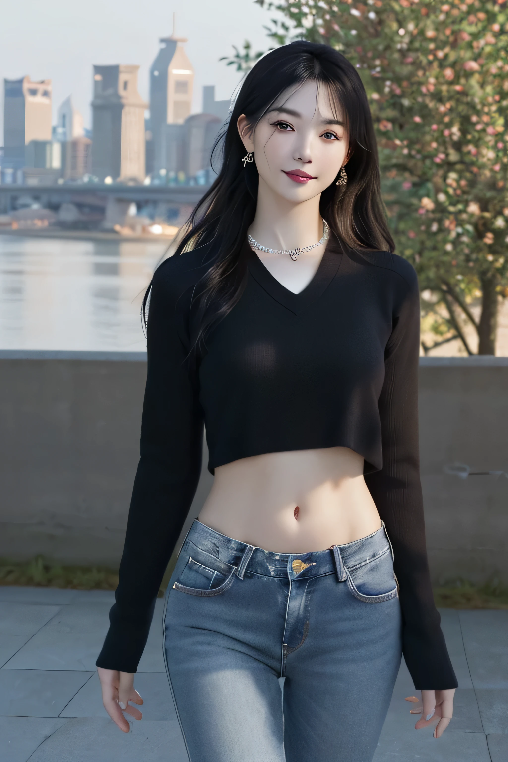 (dark blue theme,),in a spring,(nature:1.9),1 girl,whole body,black hair,very long hair,grinning,navel,crowd,(Shanghai Bund background),dynamic angle,dynamic poses,outdoor,高color saturation,color saturation,(jewelry:1.9),putting on jewelry, warm light,warm light, Ray tracing,Cinema lighting,(original photo:1.2), (lifelike:1.4), ridiculous, incredibly ridiculous, File size is large , super detailed, high resolution, Very detailed,best quality ,masterpiece, illustration, extremely delicate and beautiful, Very detailed ,CG ,unity ,8k wallpaper, amazing, Exquisite details, masterpiece,best quality, pure face_v1,ulzzang-6500-v1.1, jeans，Black Sweater