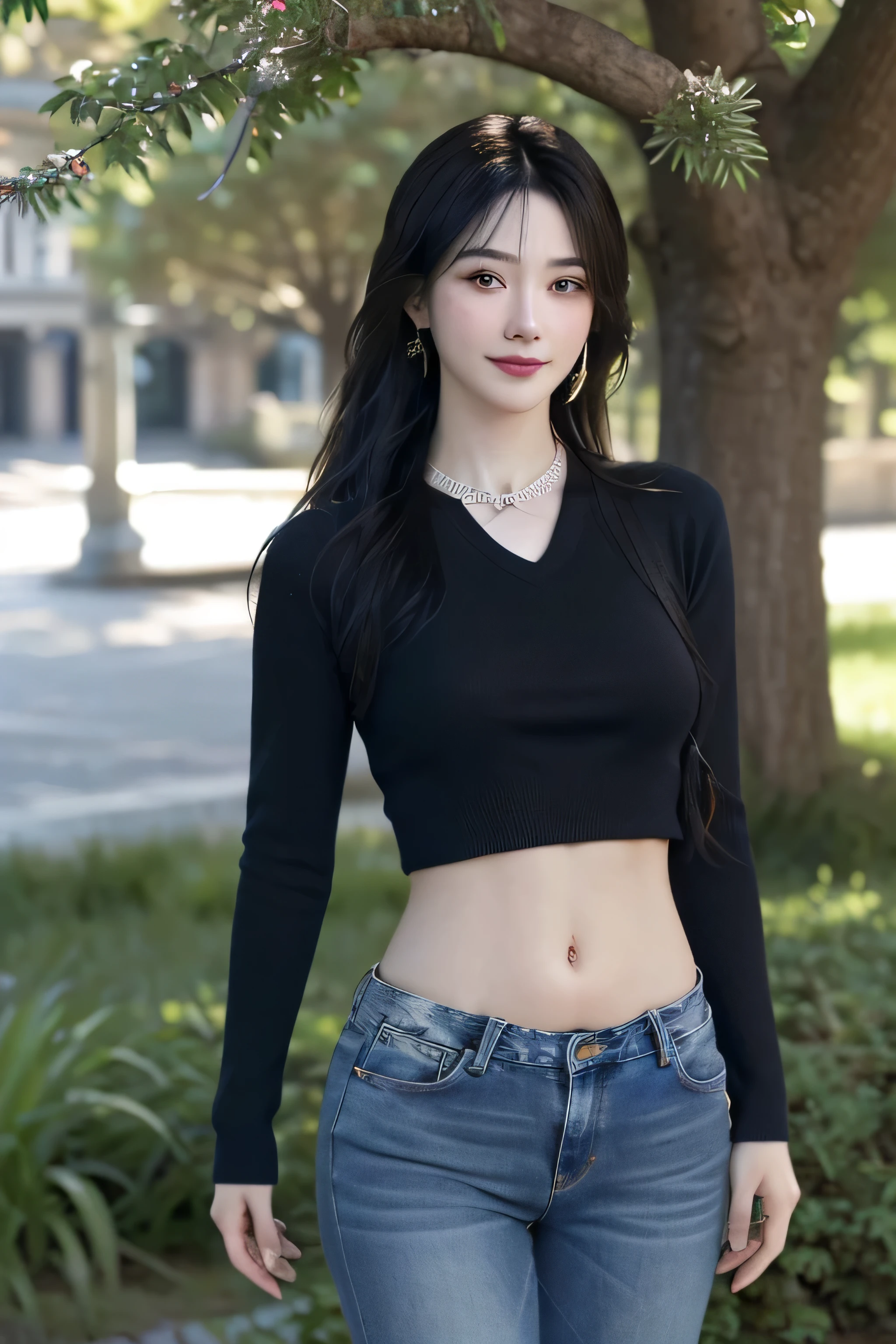 (dark blue theme,),in a spring,(nature:1.9),1 girl,whole body,black hair,very long hair,grinning,navel,crowd,(Shanghai Bund background),dynamic angle,dynamic poses,outdoor,高color saturation,color saturation,(jewelry:1.9),putting on jewelry, warm light,warm light, Ray tracing,Cinema lighting,(original photo:1.2), (lifelike:1.4), ridiculous, incredibly ridiculous, File size is large , super detailed, high resolution, Very detailed,best quality ,masterpiece, illustration, extremely delicate and beautiful, Very detailed ,CG ,unity ,8k wallpaper, amazing, Exquisite details, masterpiece,best quality, pure face_v1,ulzzang-6500-v1.1, jeans，Black Sweater