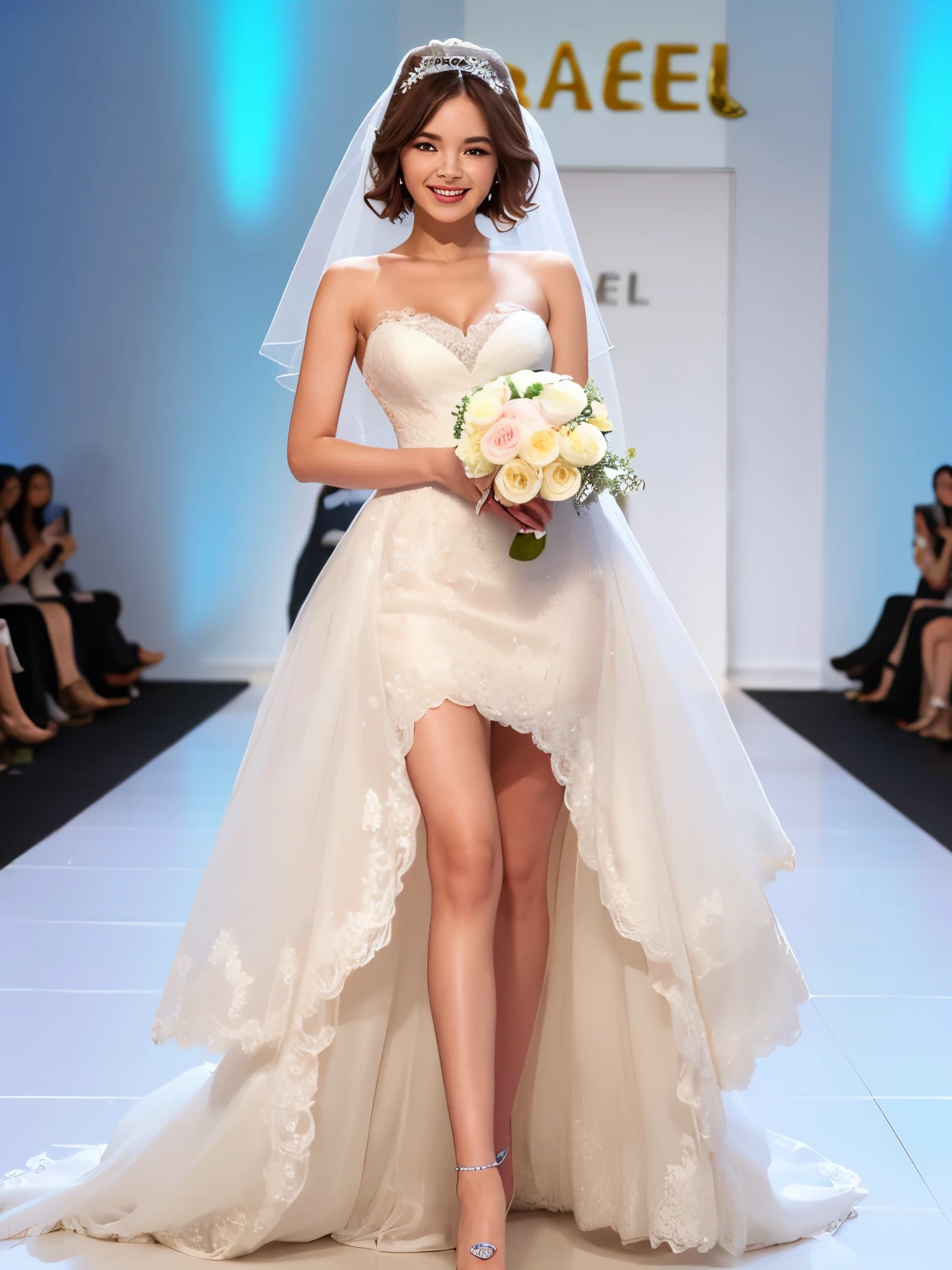 ((highest quality)), ((muste piece)), (Detailed breasts), perfect face、(((((Areol)))))、(((Wedding dress)))、((Walking down the runway))、smile、blonde short hair、long legs