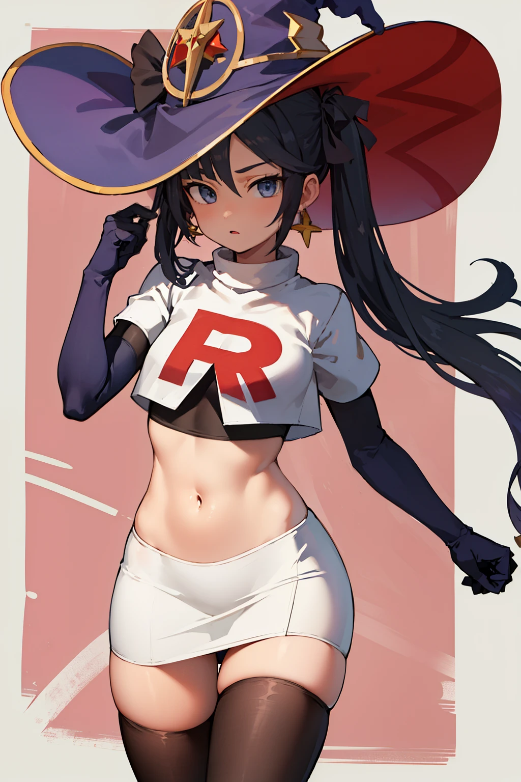 ((masterpiece,best quality)), team rocket,team rocket uniform, red letter R, white skirt,white crop top,black thigh-highs,black elbow gloves zettai ryouiki, aamona, long hair, twintails, hair ornament, black ribbon, earrings, witch hat, purple headwear, cowboy shot,