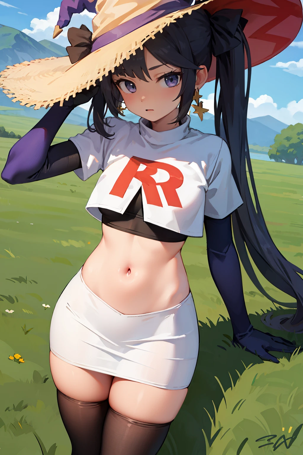 ((masterpiece,best quality)), team rocket,team rocket uniform, red letter R, white skirt,white crop top,black thigh-highs,black elbow gloves zettai ryouiki, aamona, long hair, twintails, hair ornament, black ribbon, earrings, witch hat, purple headwear, cowboy shot,