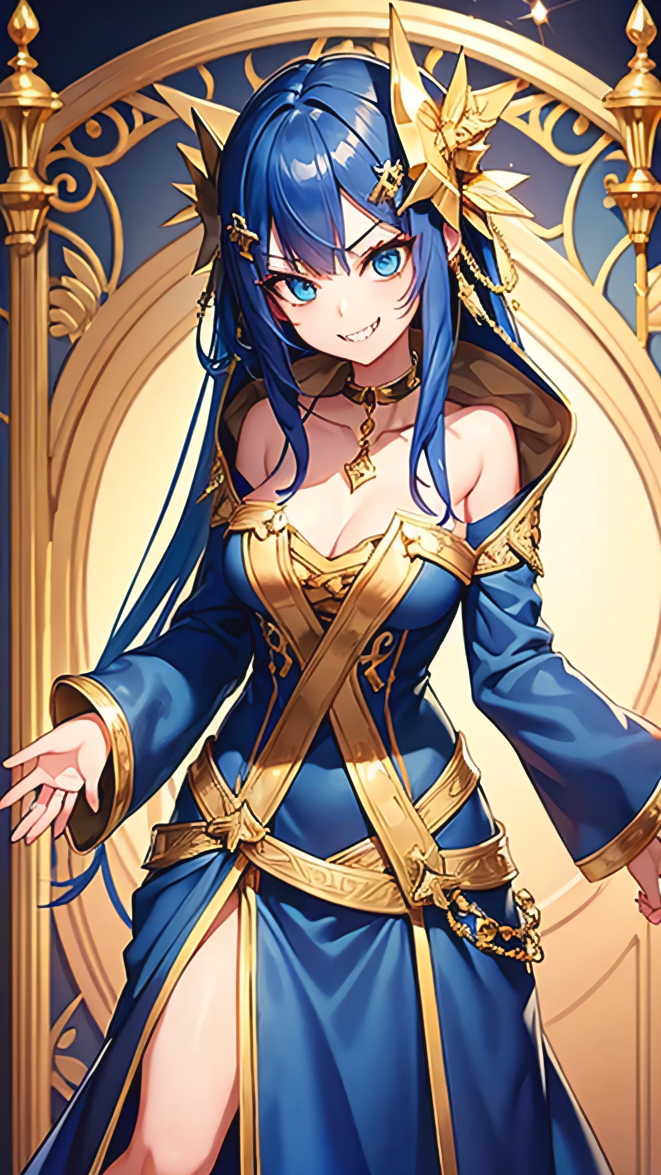 (masterpiece, highest quality), intricate details,, 1 girl, mouth, colorful hair, blue eyes, shark hair ornament, Gold Hair Ornament, Gold Choker, gold bracelet, sharp teeth, grin and laugh, Blue hoodie,greek clothing, full body photo, positive, upright, Place your hands along the sides of your body, thin, thin, ID photo