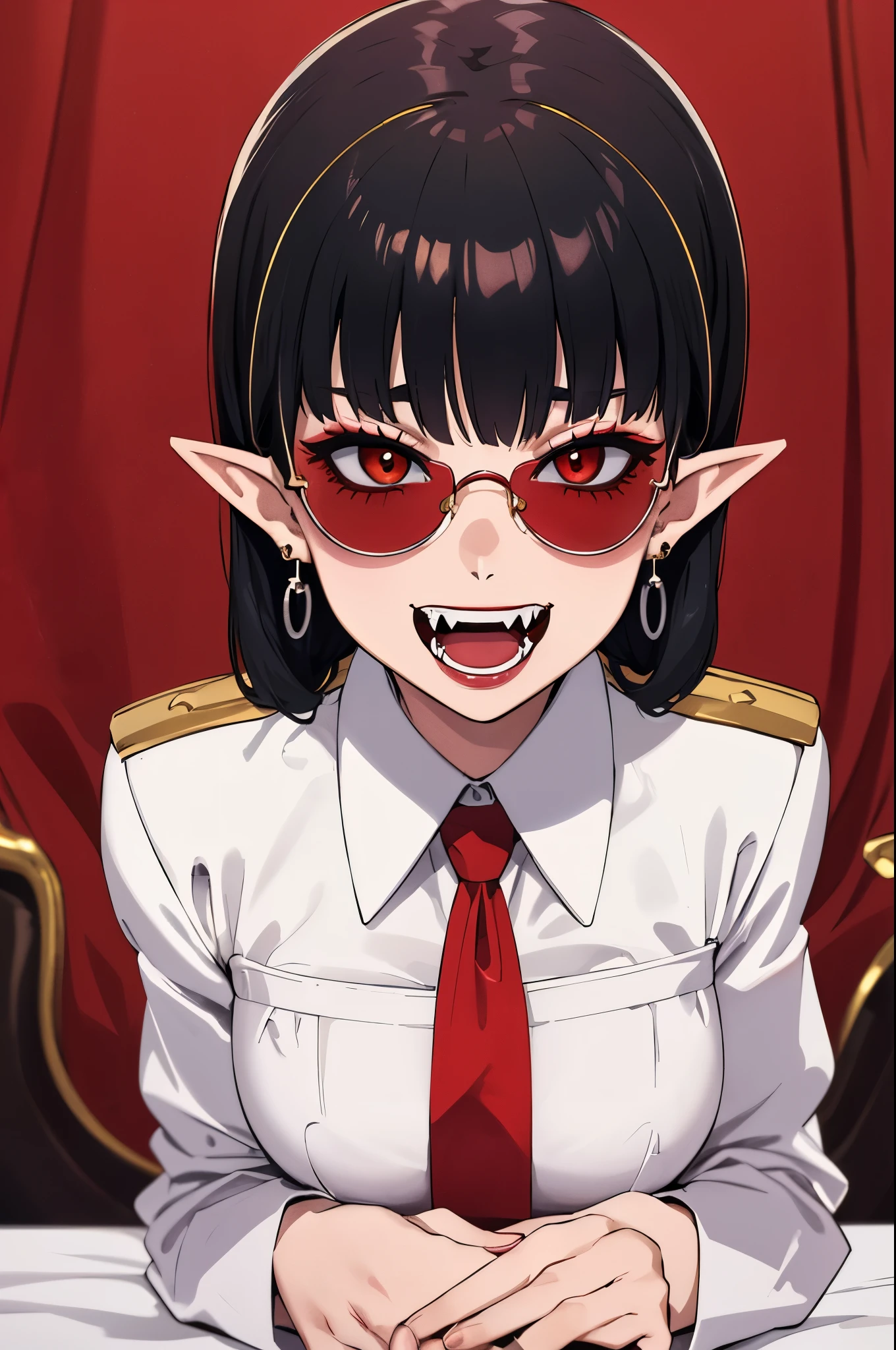 (masterpiece, absurdres, best quality:1.2), 1man, solo, 1girl, portrait, precise, (full body:1.35), finely detail, depth of field, shine, highres, original, perfect lighting, colorful, anime style, manga style, manhwa style, centered, (wearing The butler uniform:1.5), (white shirt, red tie), (black long braided hair, haircut, ring earrings, red lipstick), fantasy castle background, fantasy dungeons, vampire mistress, (pointy ears, pointy teeth, Sharp fangs, vampire teeth:1.35), blunt bangs, (breasts), (glasses, sunglasses, round tinted yellow glasses)