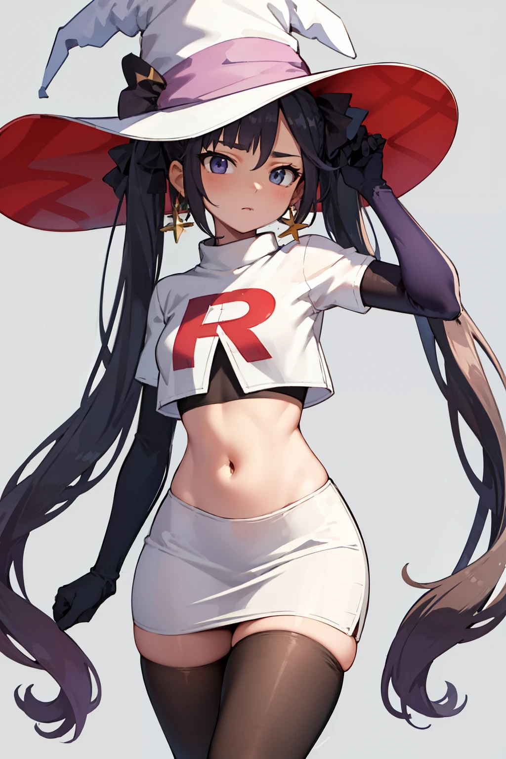 ((masterpiece,best quality)), team rocket,team rocket uniform, red letter R, white skirt,white crop top,black thigh-highs,black elbow gloves zettai ryouiki, aamona, long hair, twintails, hair ornament, black ribbon, earrings, witch hat, purple headwear, cowboy shot,