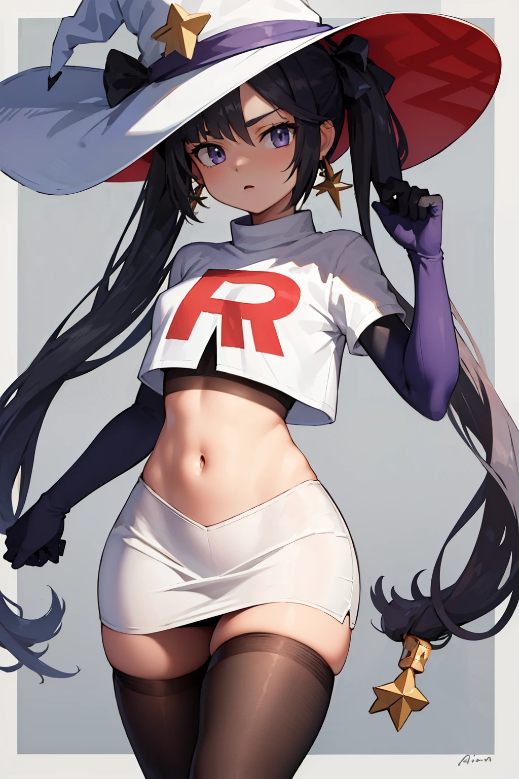 ((masterpiece,best quality)), team rocket,team rocket uniform, red letter R, white skirt,white crop top,black thigh-highs,black elbow gloves zettai ryouiki, aamona, long hair, twintails, hair ornament, black ribbon, earrings, witch hat, purple headwear, cowboy shot,