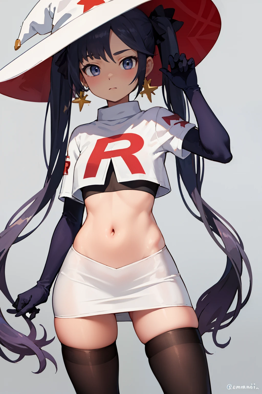 ((masterpiece,best quality)), team rocket,team rocket uniform, red letter R, white skirt,white crop top,black thigh-highs,black elbow gloves zettai ryouiki, aamona, long hair, twintails, hair ornament, black ribbon, earrings, witch hat, purple headwear, cowboy shot,