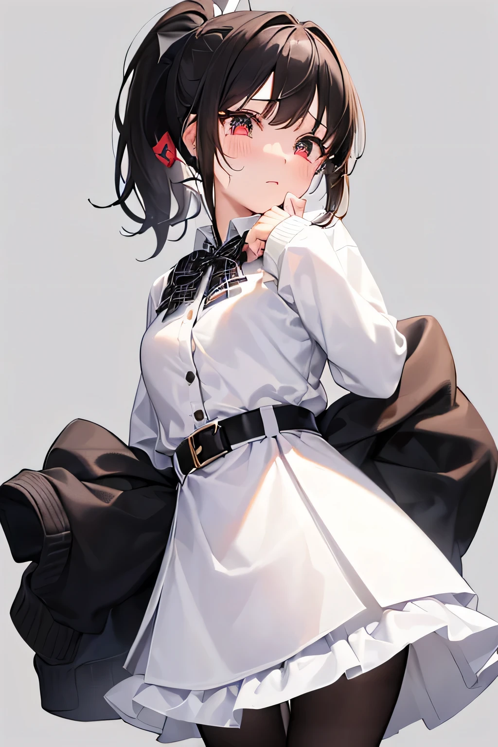 1girl, ((girl)) 、1 person、small face,20-year-old、 (tears) 、white coat、white sweater、((plaid skirt)) 、((black pantyhose:1.5)) 、Brown snow boots, (princess cut), (bob cut)、(medium hair)、(ponytail:1.5) 、brown hair 、sad expression、 (no background:1.5)