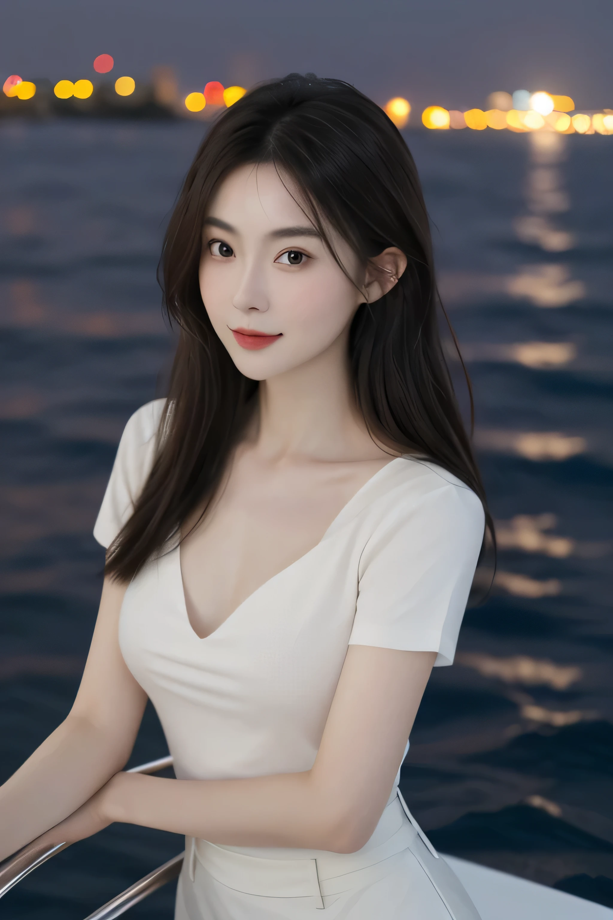 (8K original image,best quality,masterpiece:1.2),(middle view),night,游艇上的night,Seascape and night view as background,best quality,masterpiece,(small mouth:1.2),short sleeves,short sleeves,short sleeves,short sleeves,extremely delicate and beautiful,,Astonishing,detailed,masterpiece,best quality,(30 years old:1.2),Yao Liu,Slim,very shy,pure,charming,thick hair,soft hair,Beautiful big breasts,exquisite eyes,