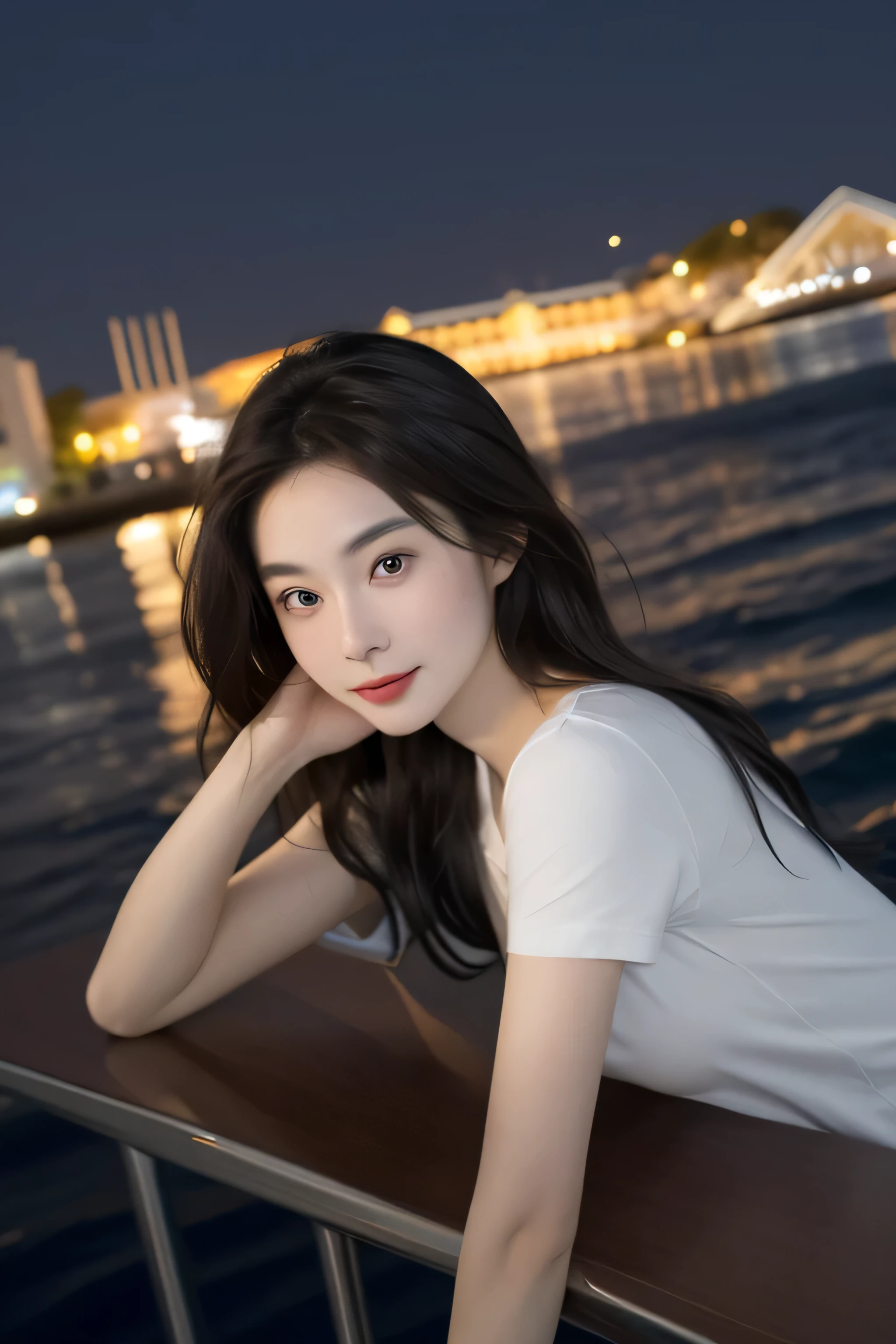 (8K original image,best quality,masterpiece:1.2),(middle view),night,游艇上的night,Seascape and night view as background,best quality,masterpiece,(small mouth:1.2),short sleeves,short sleeves,short sleeves,short sleeves,extremely delicate and beautiful,,Astonishing,detailed,masterpiece,best quality,(30 years old:1.2),Yao Liu,Slim,very shy,pure,charming,thick hair,soft hair,Beautiful big breasts,exquisite eyes,