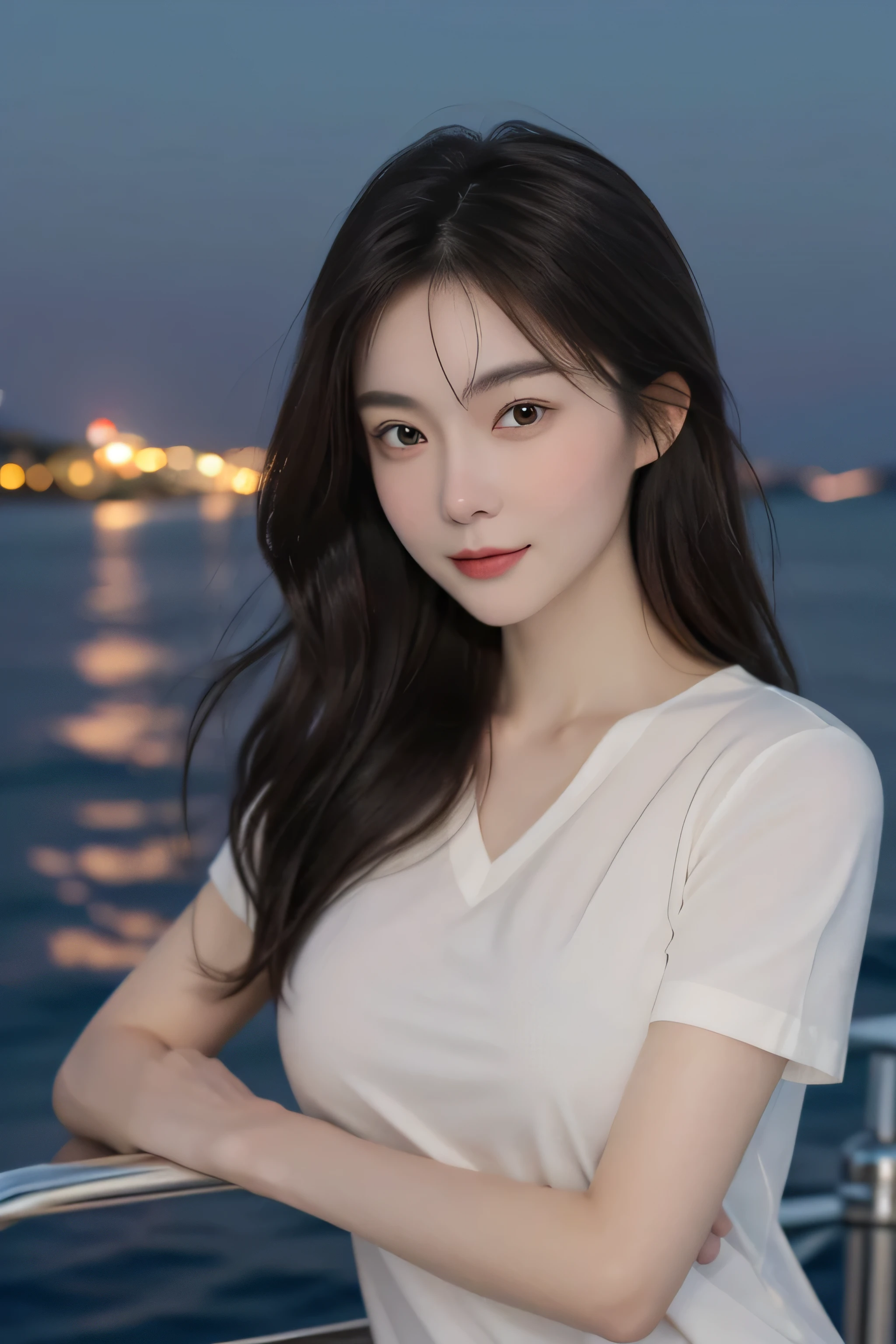 （8K original image，best quality，masterpiece：1.2），（middle view），night，游艇上的night，Seascape and night view as background，best quality，masterpiece，（small mouth：1.2），short sleeves，short sleeves，short sleeves，short sleeves，extremely delicate and beautiful，，Astonishing，detailed，masterpiece，best quality，（30 years old：1.2），Yao Liu，Slim，very shy，pure，charming，thick hair，soft hair，Beautiful big breasts，exquisite eyes，