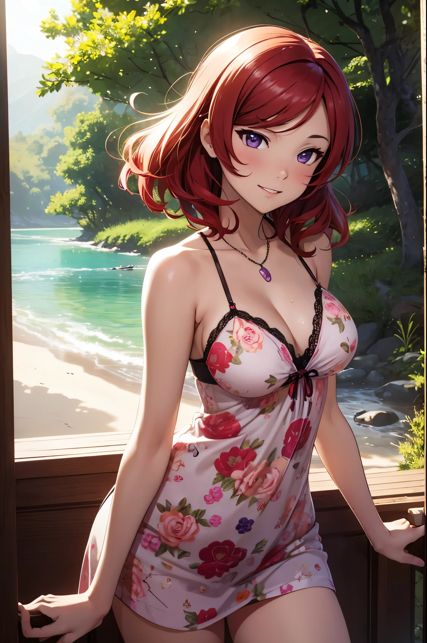 (Masterpiece, Best Quality, High Quality),Nishikino maki, Red hair, purple eyes, volumetric lighting, illustration, beautiful, pov, upper body, (camisole:1.1), floral print, cleavage, big breasts, looking to the side, confident, seductive smile, (arms behind back, head tilt:1.1), heart pendant, perfect lighting, perfect shadows, flower, (breathtaking scenery:1.1), tree, blushing