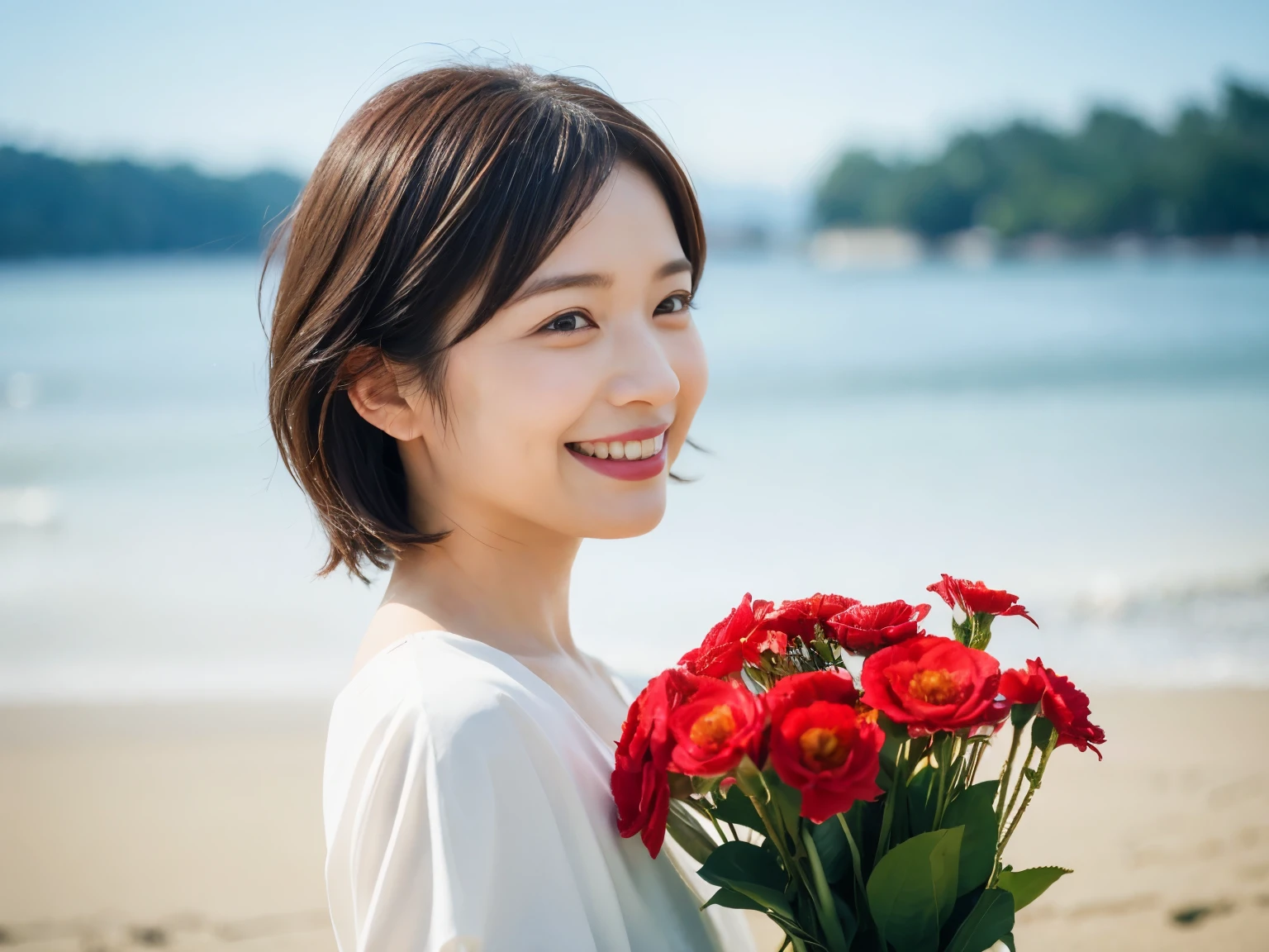 early morning light、(8K、RAW photo、highest quality、masterpiece:1.2)、High-definition RAW color photo、professional photos、(realistic、photo realistic:1.37)、cinematic light、日本人1 female、laughter、(holding a bouquet)、smile、Shot on the beach、((blur the background))、Versatile poses、white blouse、simple necklace、(Beautiful profile:1.3)、Don't look at the camera、profile、bob、bobヘア、bob cuts、ロングbob、realistic、From the side、 Upper body、From the side、I was disappointed、Shot in natural light、profile、Side view、1 female、A photo showing the Upper body、wide angle