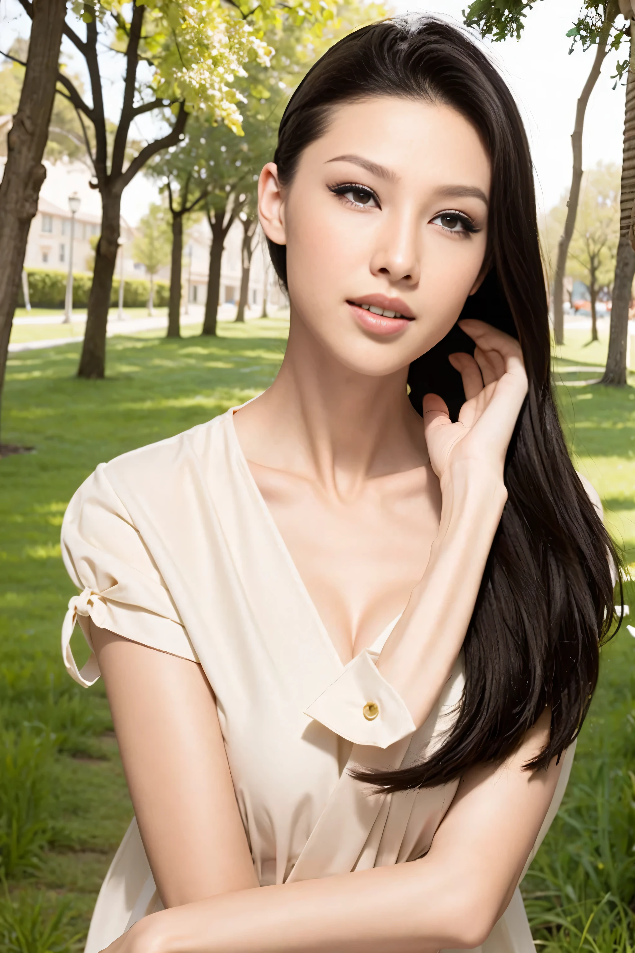 Fashion model 20 years old [[[[close up]]]], [[[[neck]]]], [[[[Shoulder]]]], perfect eyes, perfect iris，perfect lips，perfect teeth，perfect skin，White skin，Soft headlight，high-density imaging review，Face slimming type，slender nose，long black hair，（Face is clear and delicate），white casual wear，The background is outdoor，green trees and grass，best quality，masterpiece，(((whole body image))),（pastel colors：1.2）