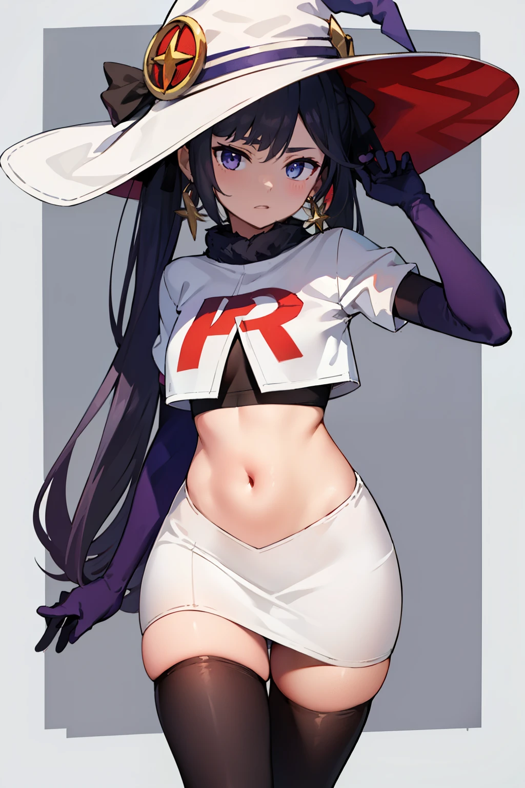 ((masterpiece,best quality)), team rocket,team rocket uniform, red letter R, white skirt,white crop top,black thigh-highs,black elbow gloves zettai ryouiki, aamona, long hair, twintails, hair ornament, black ribbon, earrings, witch hat, purple headwear, cowboy shot,