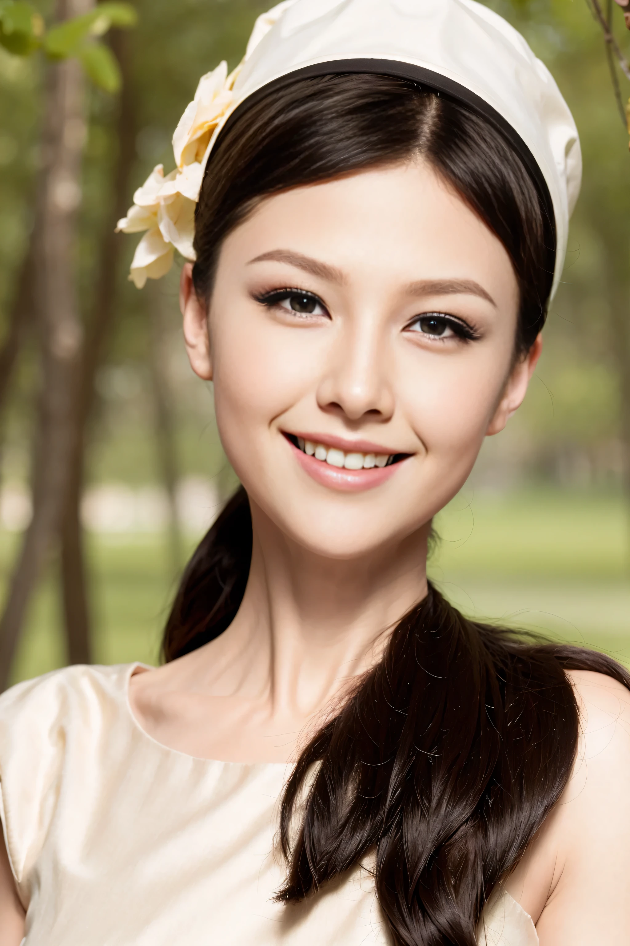Fashion model 20 years old [[[[close up]]]], [[[[neck]]]], [[[[Shoulder]]]], perfect eyes, perfect iris，perfect lips，perfect teeth，perfect skin，White skin，Soft headlight，high-density imaging review，Face slimming type，slender nose，long black hair，（Face is clear and delicate），white casual wear，The background is outdoor，green trees and grass，best quality，masterpiece，(((whole body image))),（pastel colors：1.2）