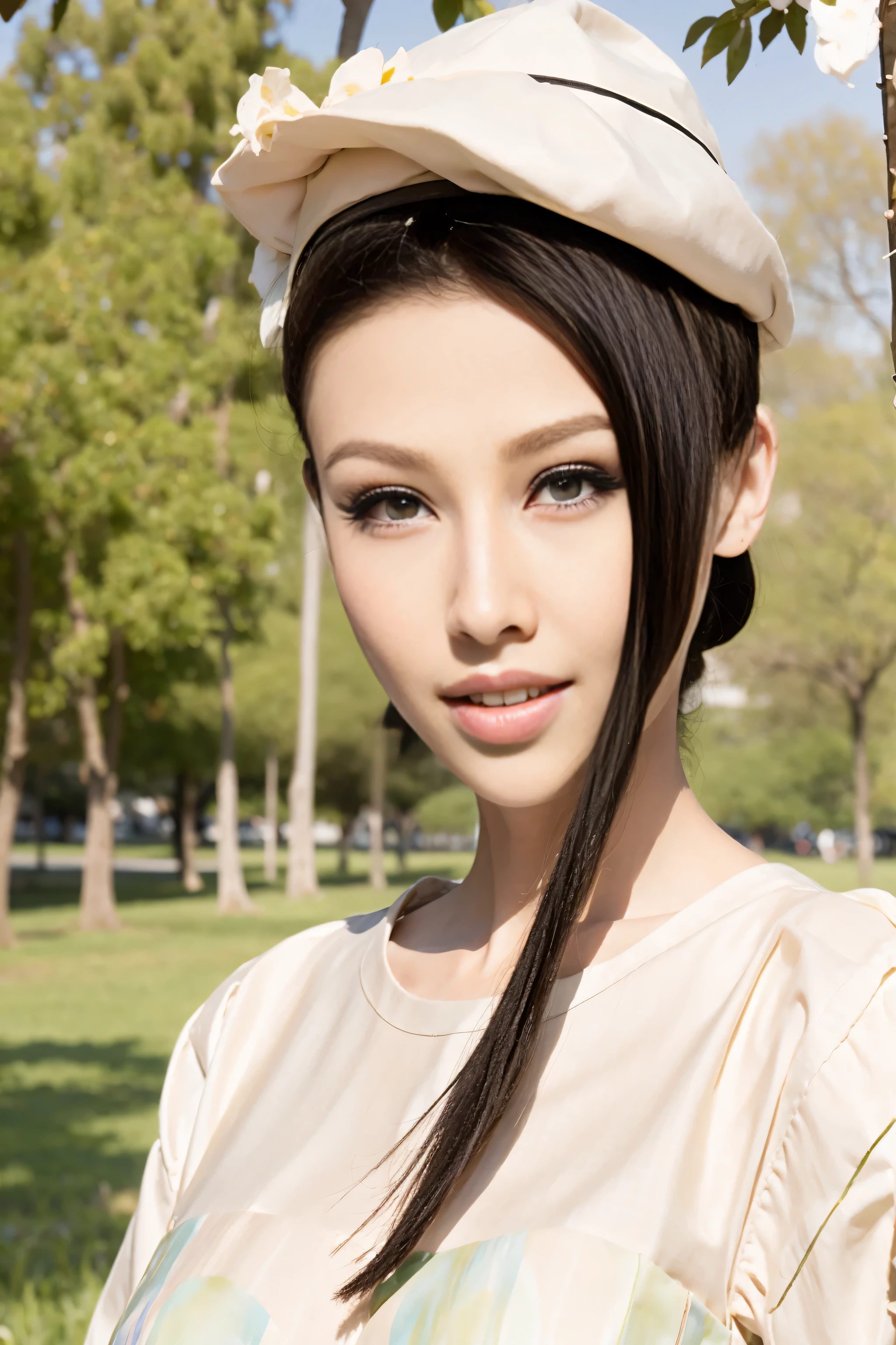 Fashion model 20 years old [[[[close up]]]], [[[[neck]]]], [[[[Shoulder]]]], perfect eyes, perfect iris，perfect lips，perfect teeth，perfect skin，White skin，Soft headlight，high-density imaging review，Face slimming type，slender nose，long black hair，（Face is clear and delicate），white casual wear，The background is outdoor，green trees and grass，best quality，masterpiece，(((whole body image))),（pastel colors：1.2）