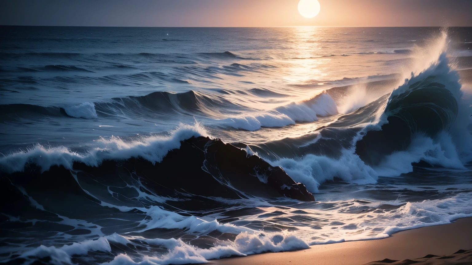 (moonlit night),(on the beach,crashing waves),(dramatic lighting),(silhouettes),(sparkling sand),(peaceful and relaxing atmosphere)