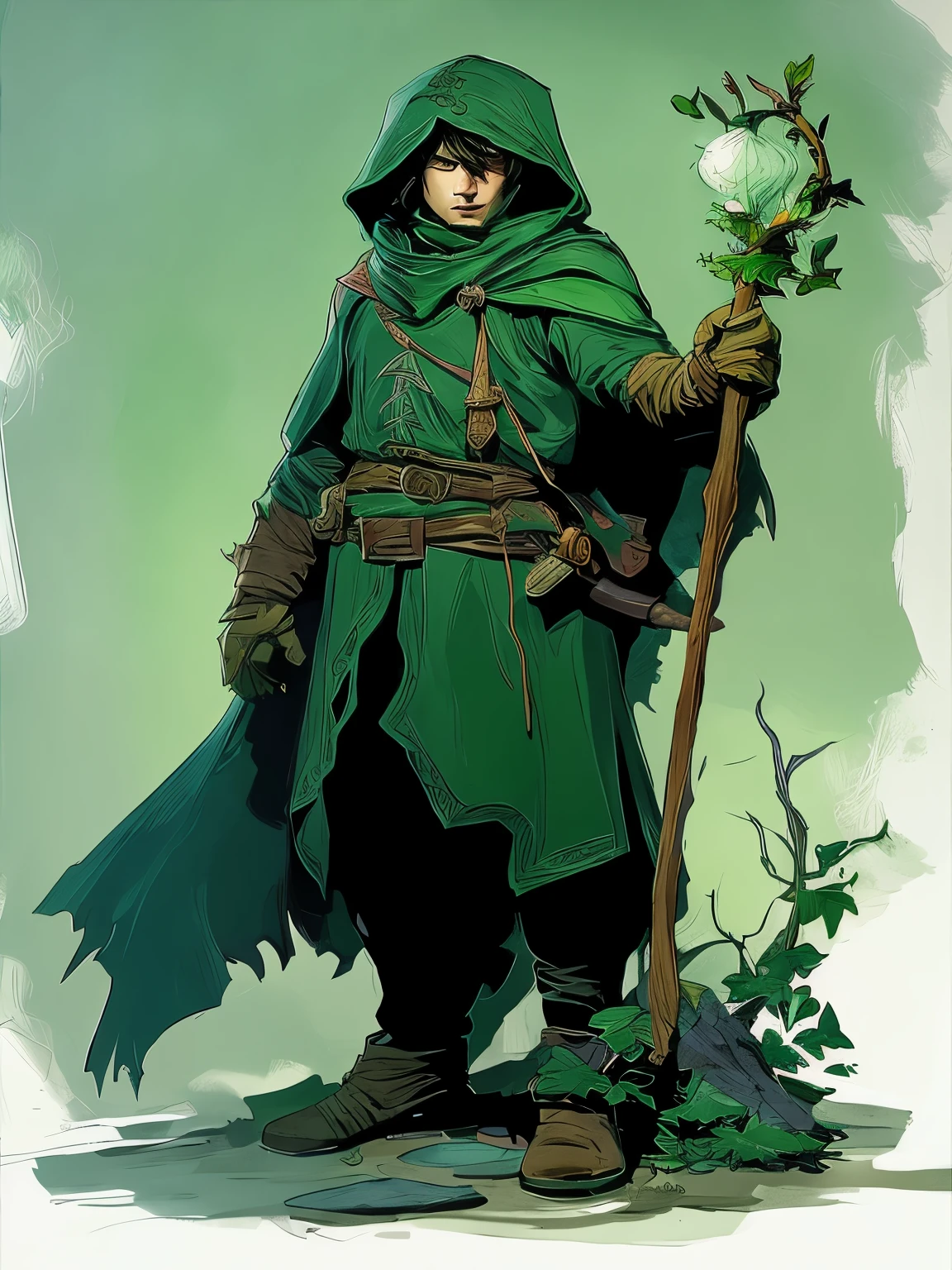 blurred image of a man in a green hooded outfit holding a stick, Manto Verde, with a Manto Verde, wearing Manto Verde, wearing a Manto Verde, elfo ranger masculino, epic fantasia d & D Hobbit Snape, retrato de um mago da floresta, elfo da floresta masculino ladino, Direction: Johannes Helgeson, fantasia d&personagem, imagem backveiw do elfo ladino