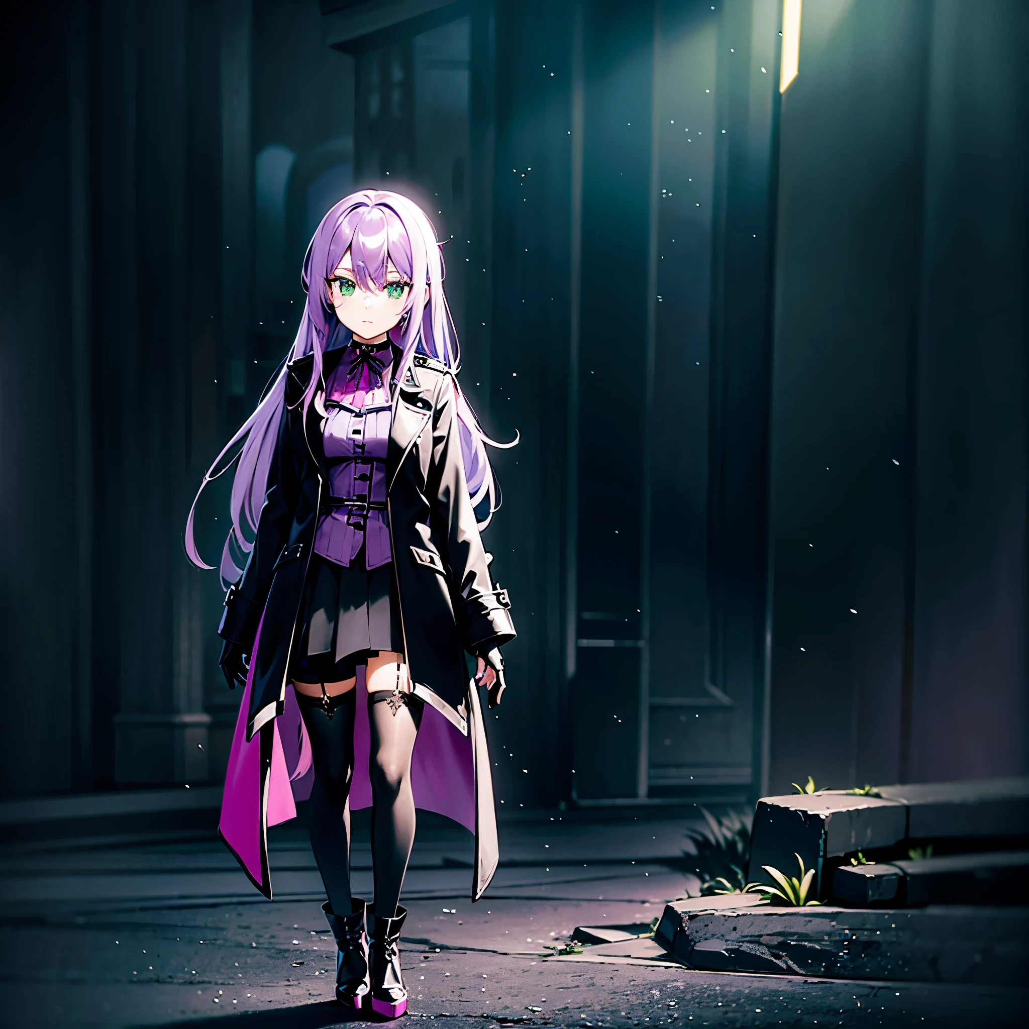 /imagine prompt: color photo of a young woman with long, light purple hair and light green eyes, around 20 years old. She is wearing a black coat, a deep purple gothic skirt, black gloves, black knee-high stockings, and deep red Mary Jane shoes. The photo has an anime-inspired aesthetic. —c 10 —ar 2:3