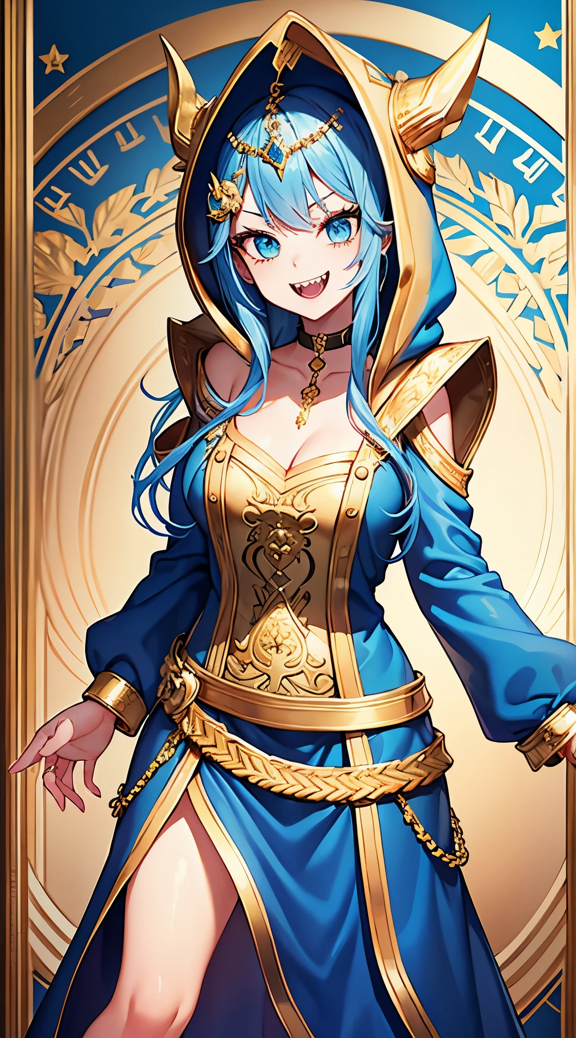(masterpiece, highest quality), intricate details,, 1 girl, mouth, colorful hair, blue eyes, shark hair ornament, Gold Hair Ornament, Gold Choker, gold bracelet, sharp teeth, grin and laugh, Blue hoodie,greek clothing, full body photo, positive, upright, Place your hands along the sides of your body, thin, thin, ID photo