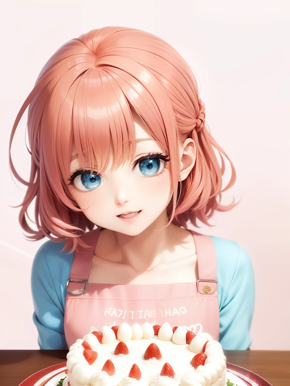 Anime girl with pink hair and blue eyes, cute girl with short pink hair, short pink hair and cyan eyes, cute realistic portrait, cute anime style, change, Inspired Gacha Club Game, my dress up darling anime, cute anime face, detailed anime soft face, Luan cute Vtuber, Download contents, ,Birthday Party,laughing,Big birthday cake with strawberries on a big table,Wearing an apron