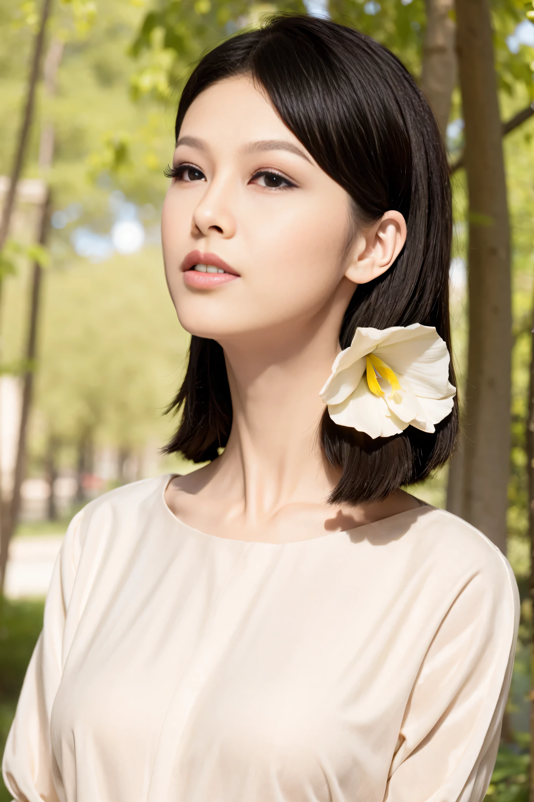 Fashion model 20 years old [[[[close up]]]], [[[[neck]]]], [[[[Shoulder]]]], perfect eyes, perfect iris，perfect lips，perfect teeth，perfect skin，White skin，Soft headlight，high-density imaging review，Face slimming type，slender nose，long black hair，（Face is clear and delicate），white casual wear，The background is outdoor，green trees and grass，best quality，masterpiece，(((whole body image))),（pastel colors：1.2）