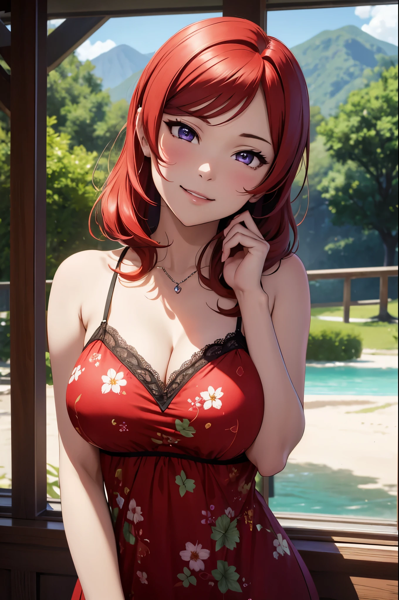 (Masterpiece, Best Quality, High Quality),Nishikino maki, Red hair, purple eyes, volumetric lighting, illustration, beautiful, pov, upper body, (camisole:1.1), floral print, cleavage, kiss marks, looking to the side, confident, seductive smile, (arms behind back, head tilt:1.1), heart pendant, perfect lighting, perfect shadows, flower, (breathtaking scenery:1.1), tree, blushing