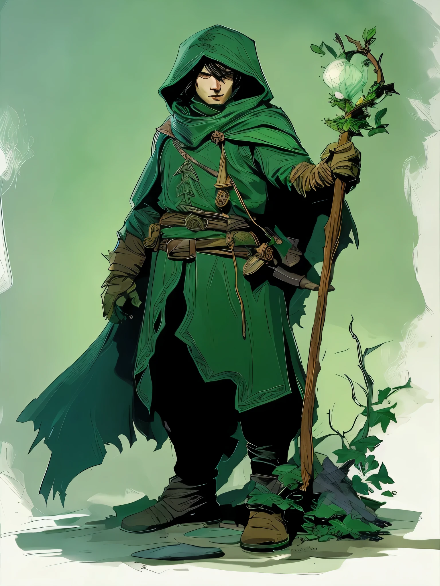 blurred image of a man in a green hoodie holding a stick, Manto verde, with a Manto verde, wearing Manto verde, wearing a Manto verde, Elfo Ranger Masculino, epic Fantasia D & D Hobbit Snape, Retrato de um mago da floresta, elfo da floresta masculino ladino, Direction: Johannes Helgeson, Fantasia D&personagem, imagem backveiw do elfo ladino