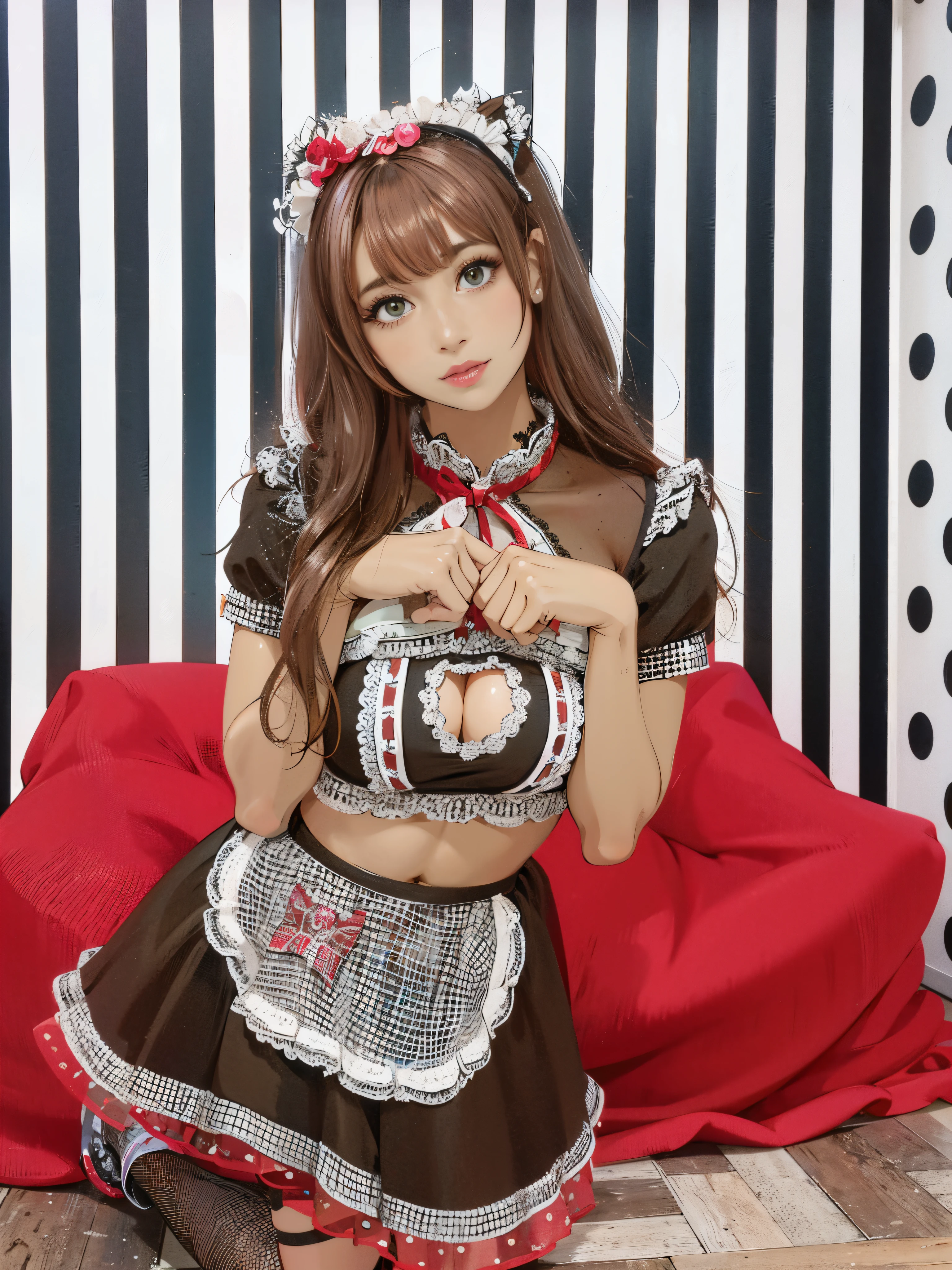 there is a woman in a maid outfit posing for a picture, japanese maid cafe, anime girl in a maid costume, maid outfit, gorgeous maid, , maid dress, cosplay of a catboy! maid! dress, maid costume, maid, anime girl cosplay, wearing maid uniform, anime cat girl in a maid costume