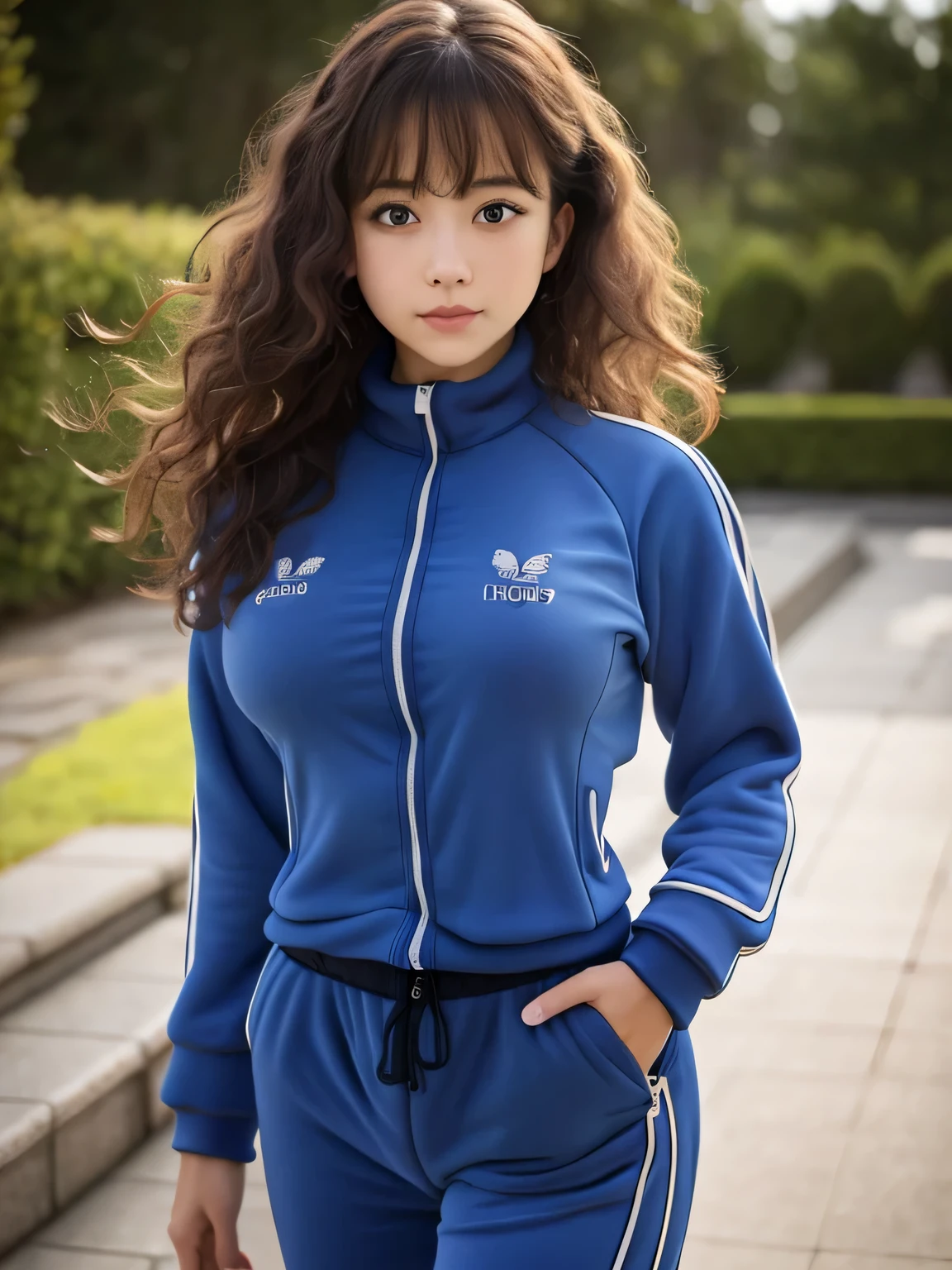 8K, highest quality, real image, intricate details, Super detailed, ultra high resolution, depth field,(realistic,realistic:1.2), (black eye), From the middle, 1 Japan girls, very beautiful girl, Big eyes, beautiful breasts:1.5、highly detailed eyes:1.2), (beautiful breasts:1.1), (small breasts:1.5), wavy hair、curly hair、bangs, perfect skin, Fair skin, huge hips, thick thighs, thick legs, tight waist, light blush, alone, looking at the viewer, (frown), (blue tracksuit:1.5)