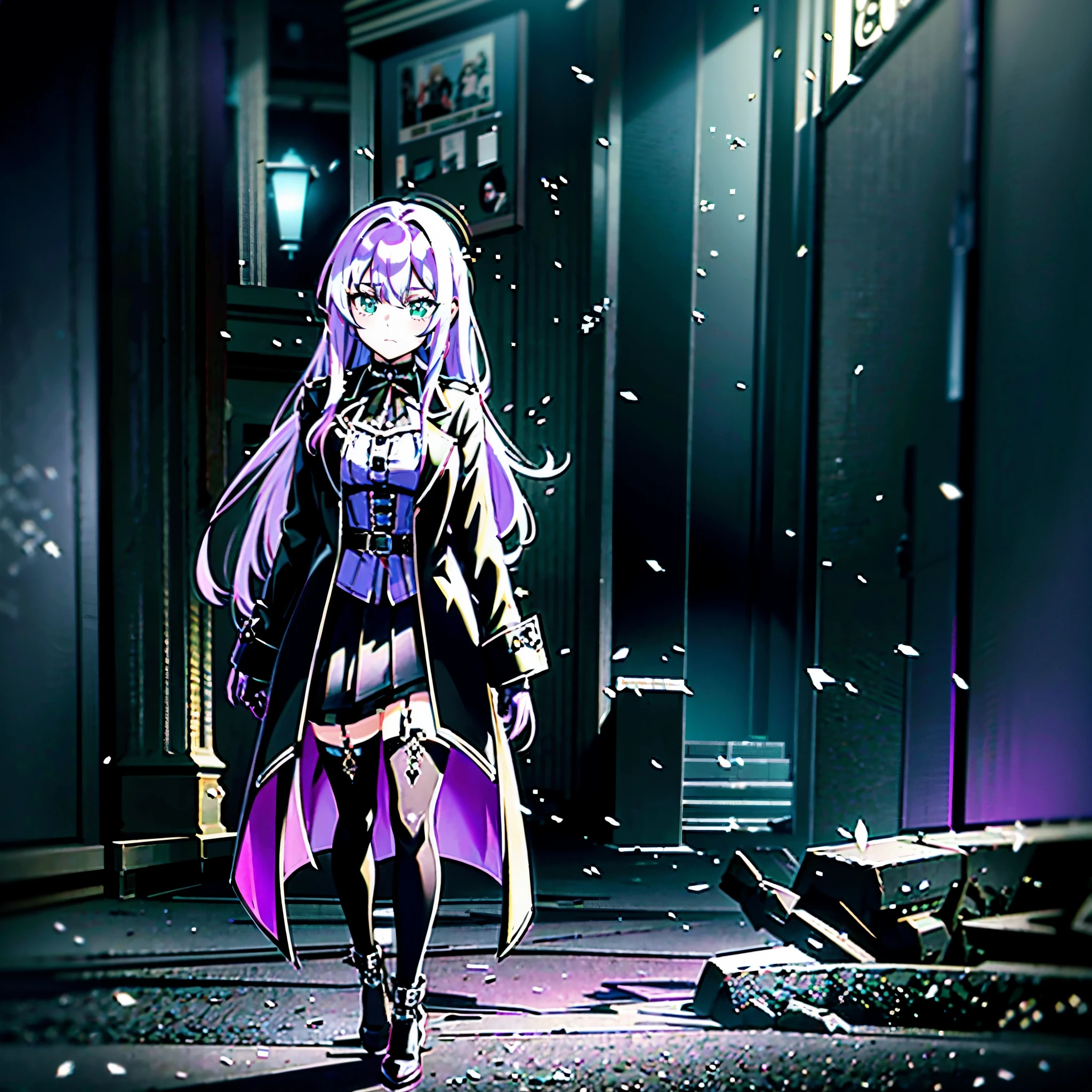 /imagine prompt: color photo of a young woman with long, light purple hair, beautiful light green eyes, around 20 years old. She is wearing a black coat, a deep purple gothic skirt, black gloves, black knee-high stockings, and deep red Mary Jane shoes. The photo has an anime-inspired aesthetic. —c 10 —ar 2:3